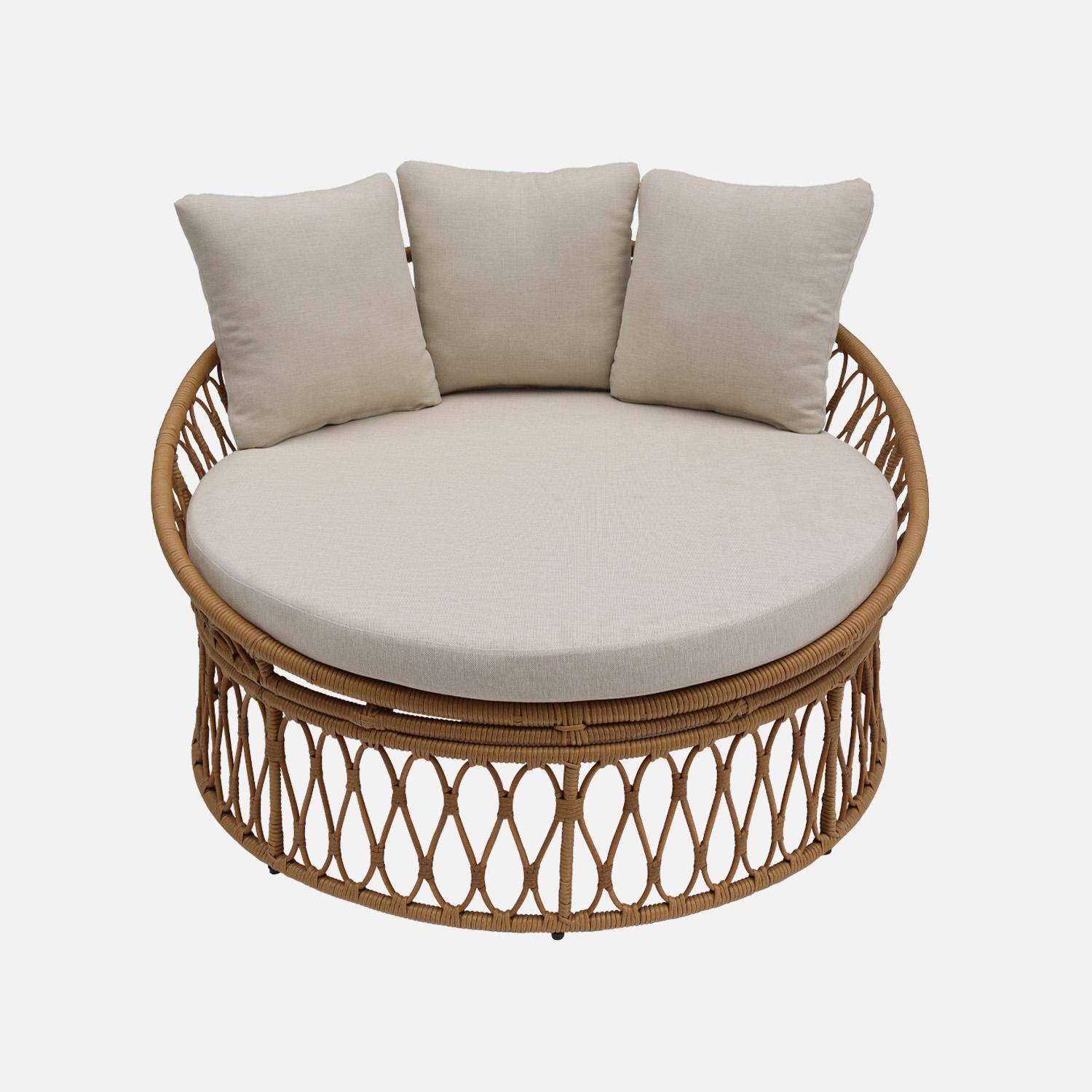 Bain de soleil, lit de jour, lounge extérieur rond acier et imitation rotin naturel et beige 2 places Photo5