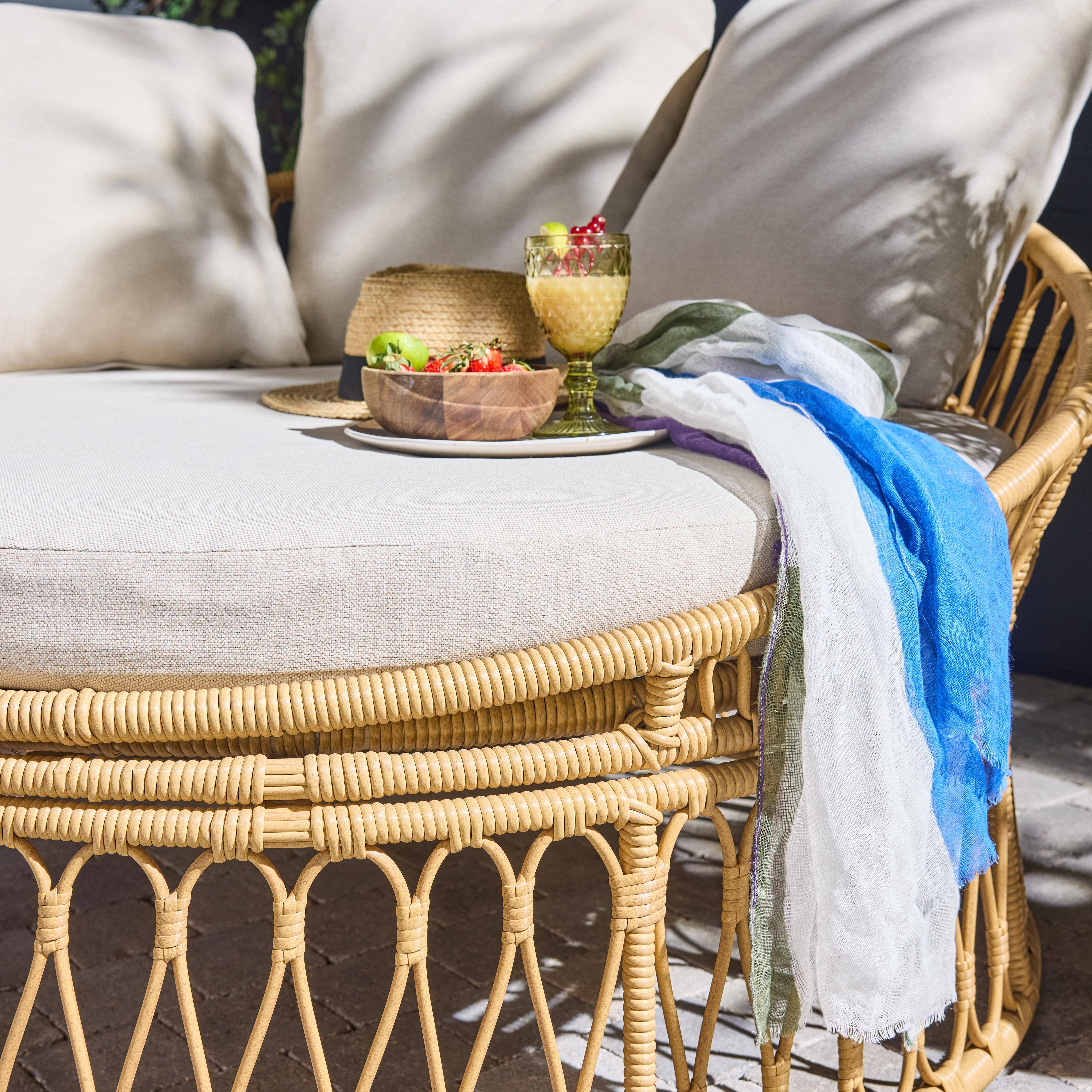 Bain de soleil, lit de jour, lounge extérieur rond acier et imitation rotin naturel et beige 2 places Photo2