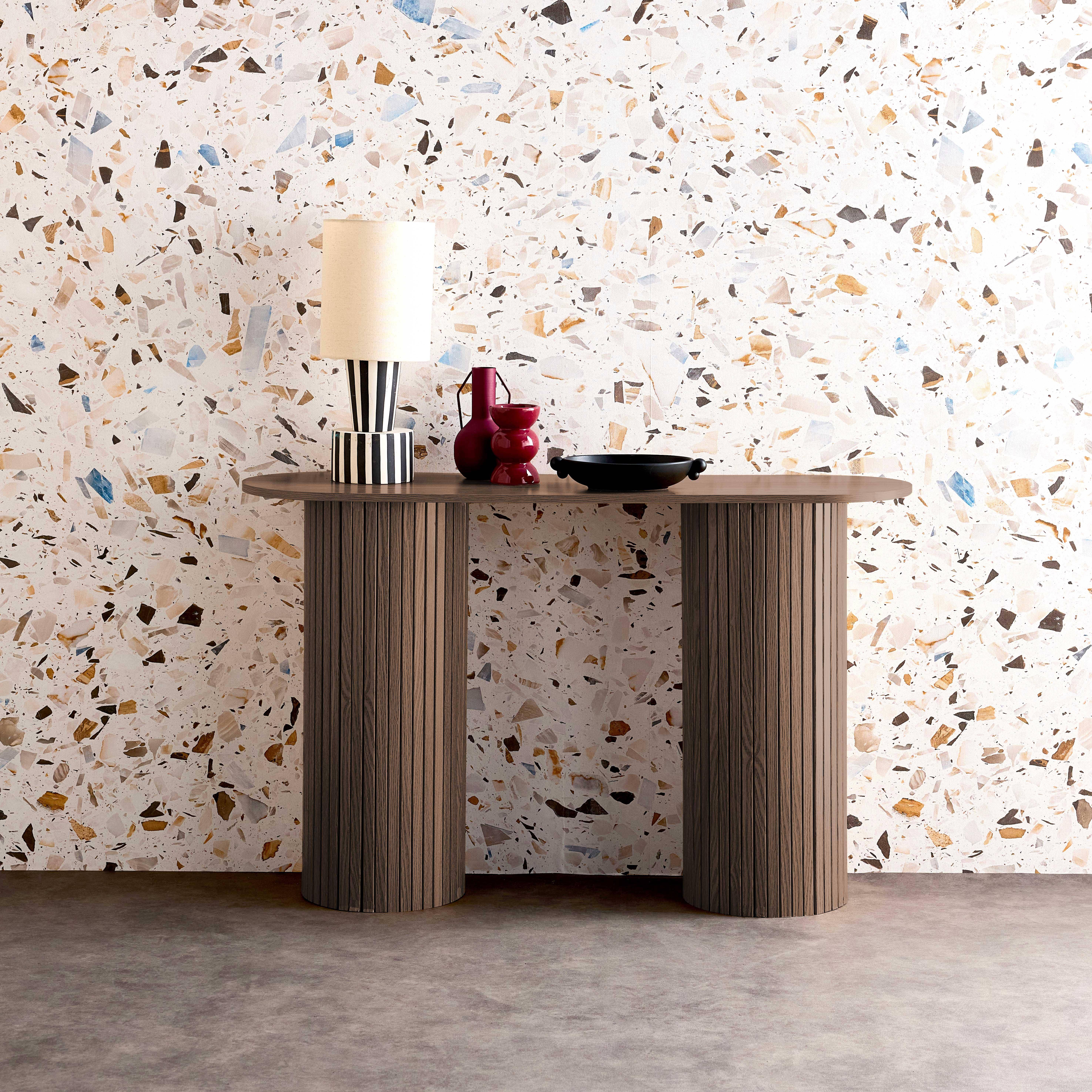 Console escandinava oval com efeito de madeira estriada, Legacy, Madeira de nogueira, 120x35x75 cm,sweeek,Photo1