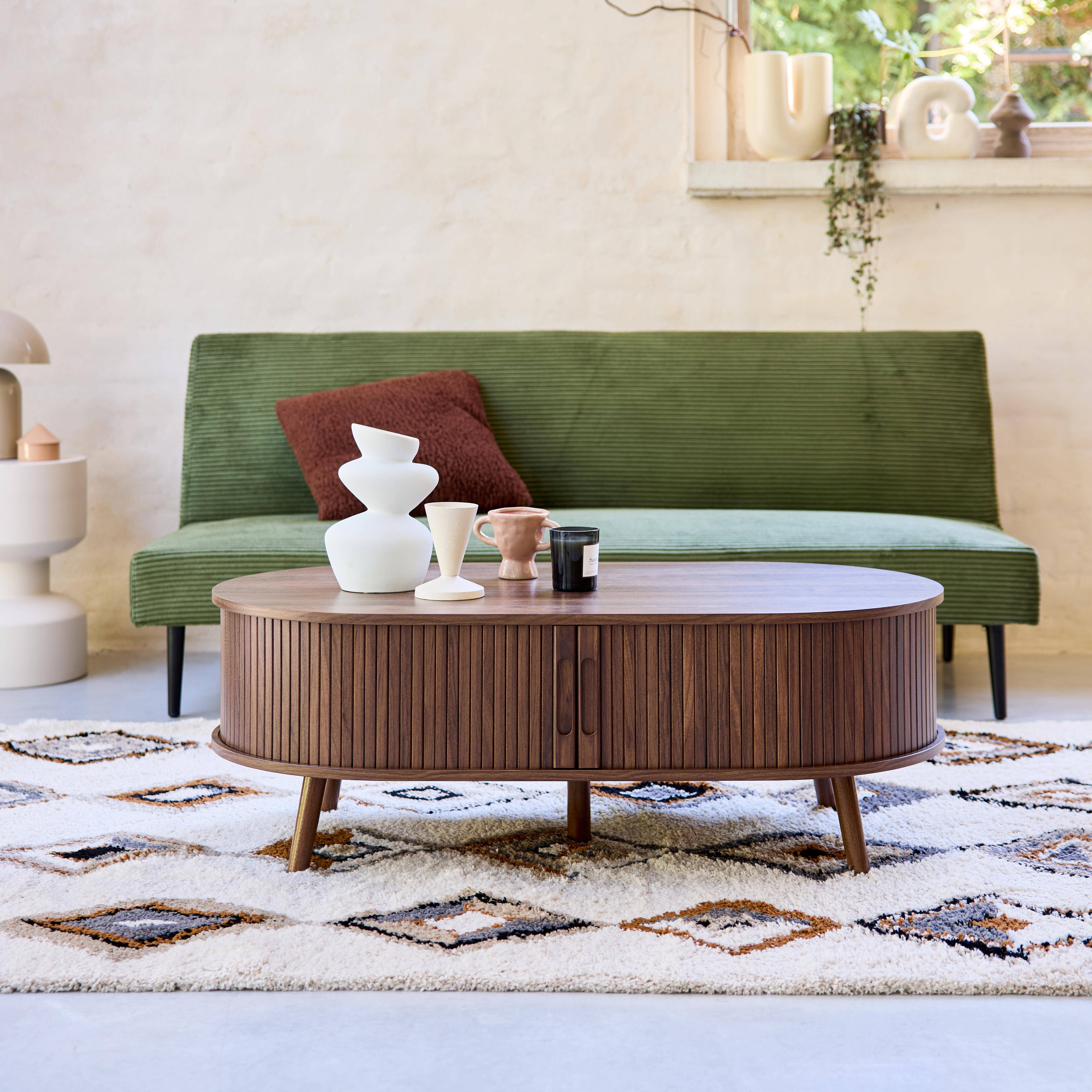 Tavolino scandinavo effetto legno scanalato 2 porte scorrevoli, Legacy, Marrone, 110x59x39 cm Photo1
