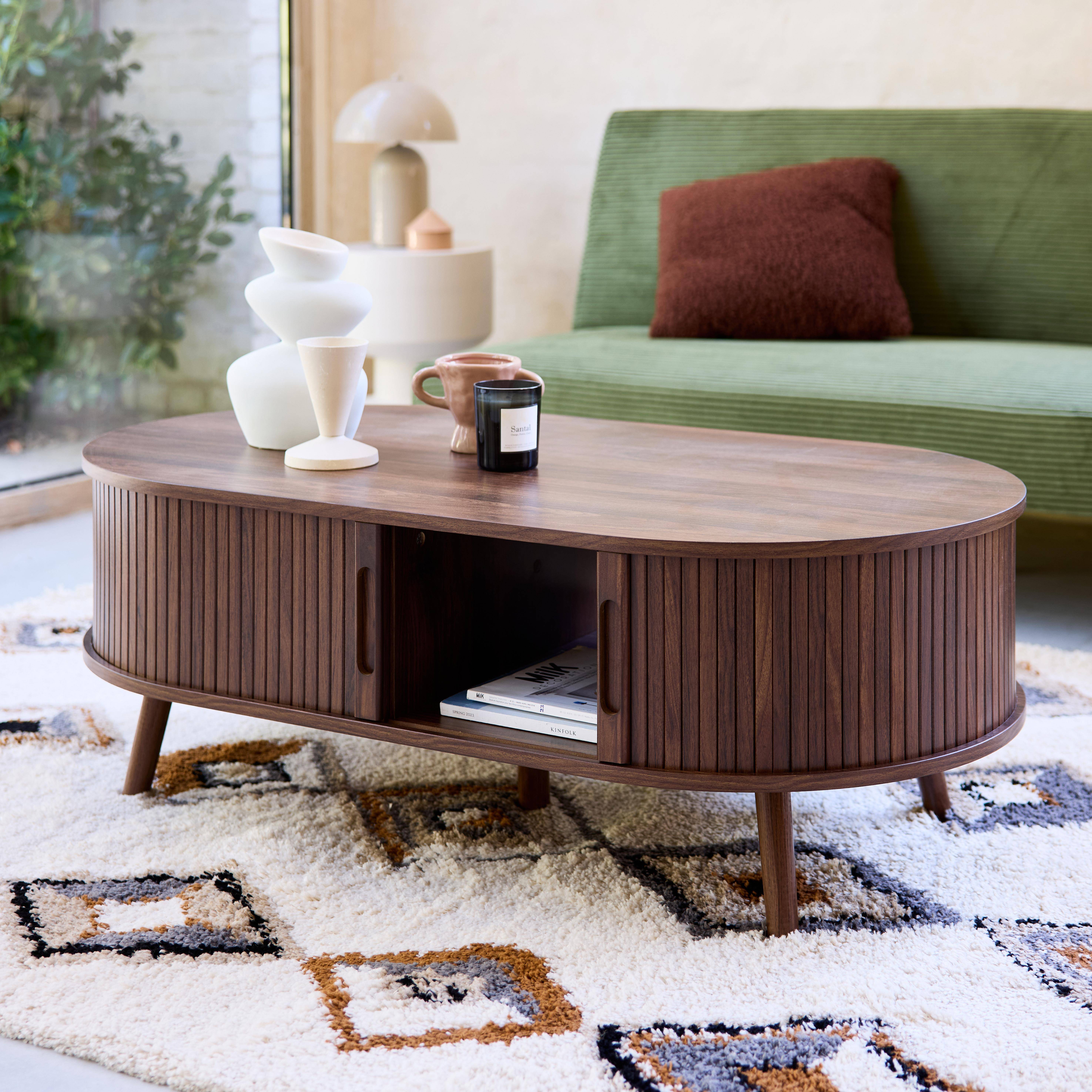 Tavolino scandinavo effetto legno scanalato 2 porte scorrevoli, Legacy, Marrone, 110x59x39 cm Photo2