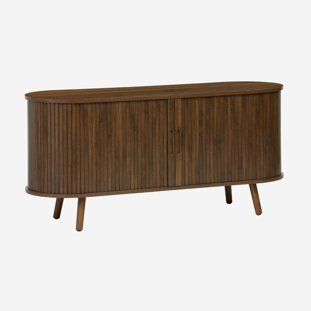 Mueble TV escandinavo con 2 puertas correderas acanaladas efecto madera, 120cm, Nogal