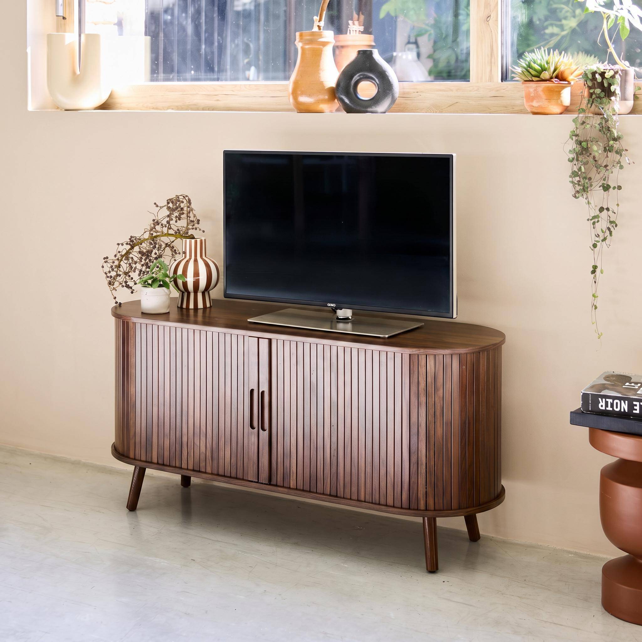 120cm scandi-style TV unit with grooved wooden effect and 2 sliding doors, Legacy, Walnut, 120x40x57 cm Photo2