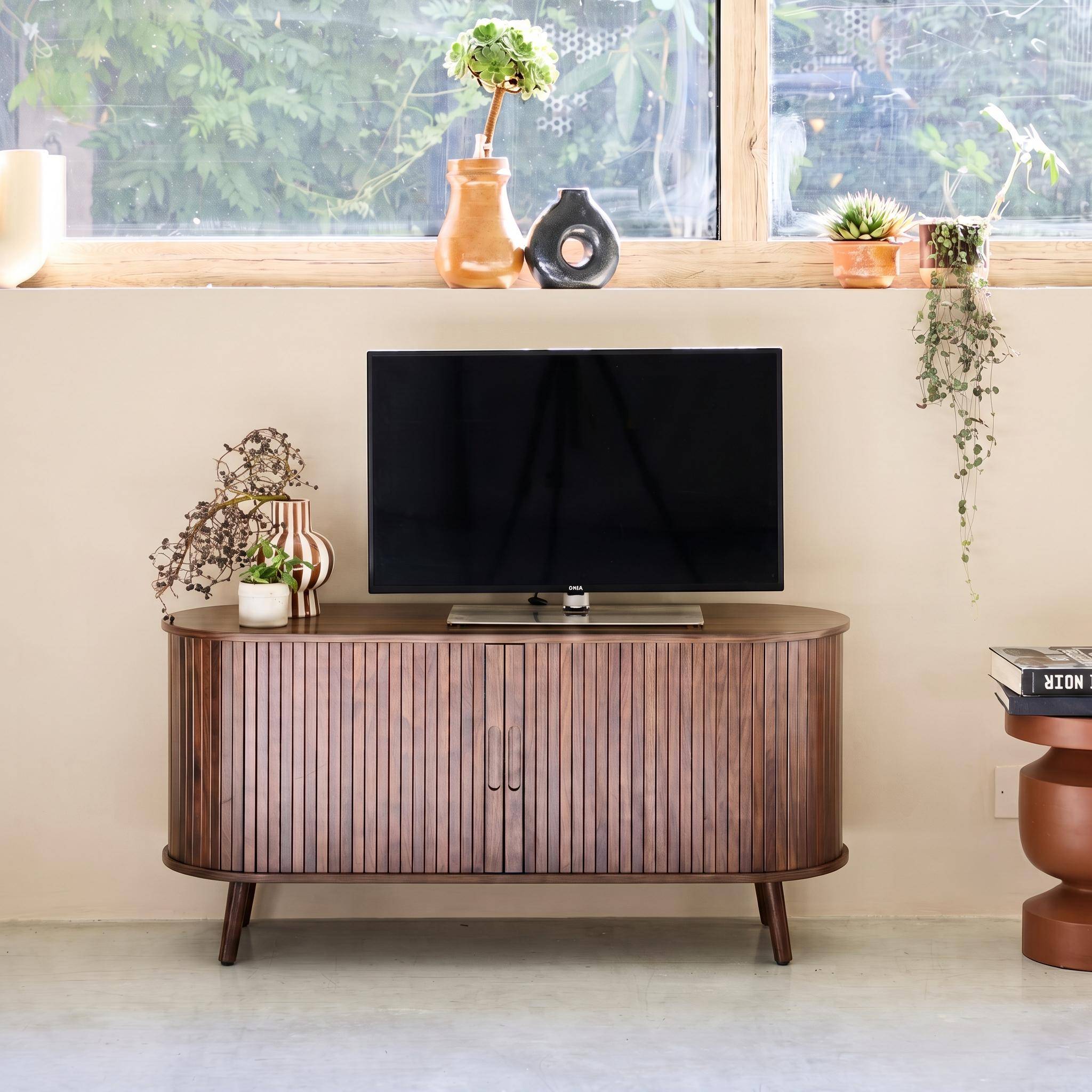 120cm scandi-style TV unit with grooved wooden effect and 2 sliding doors, Legacy, Walnut, 120x40x57 cm Photo1