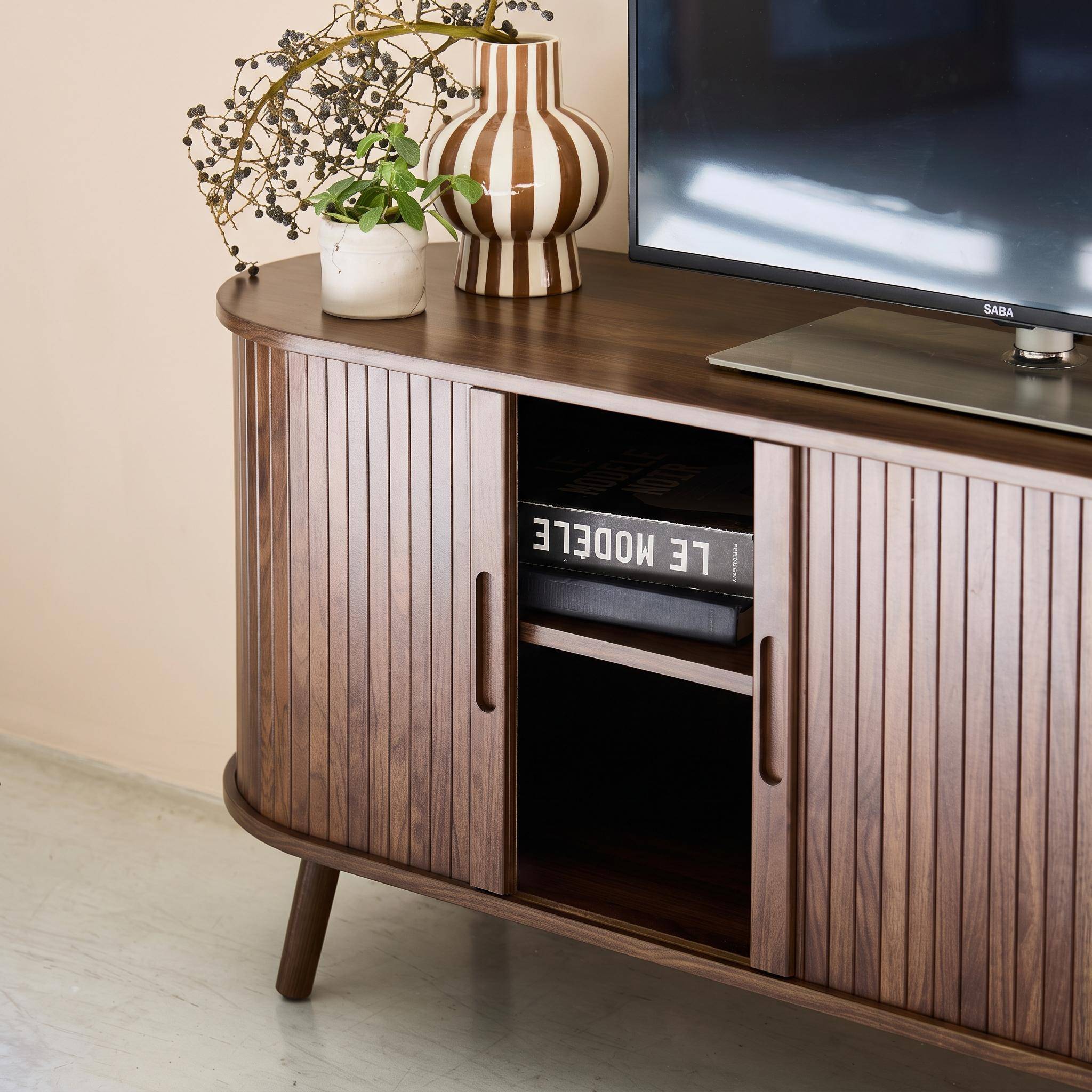 120cm scandi-style TV unit with grooved wooden effect and 2 sliding doors, Legacy, Walnut, 120x40x57 cm,sweeek,Photo3