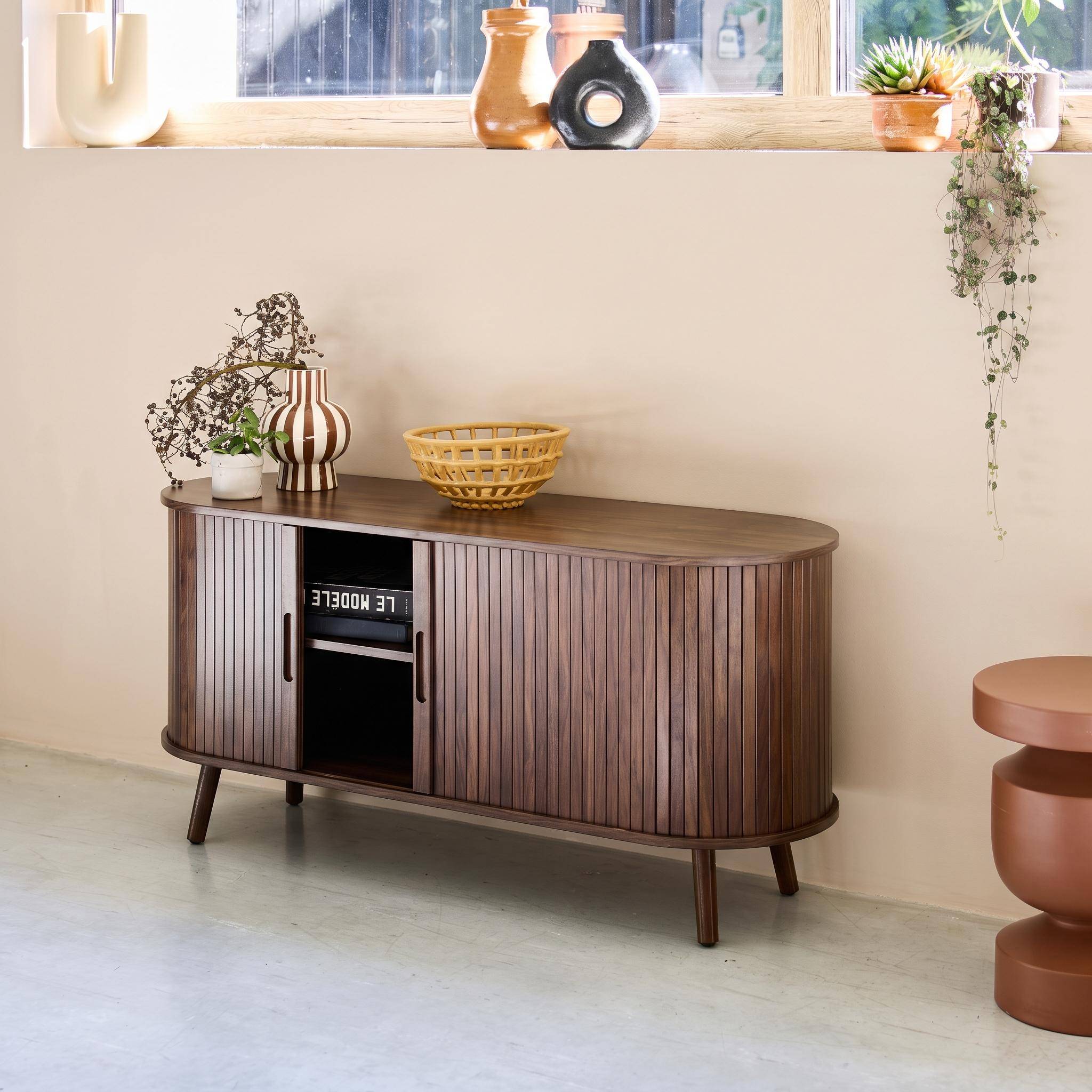 120cm scandi-style TV unit with grooved wooden effect and 2 sliding doors, Legacy, Walnut, 120x40x57 cm,sweeek,Photo4