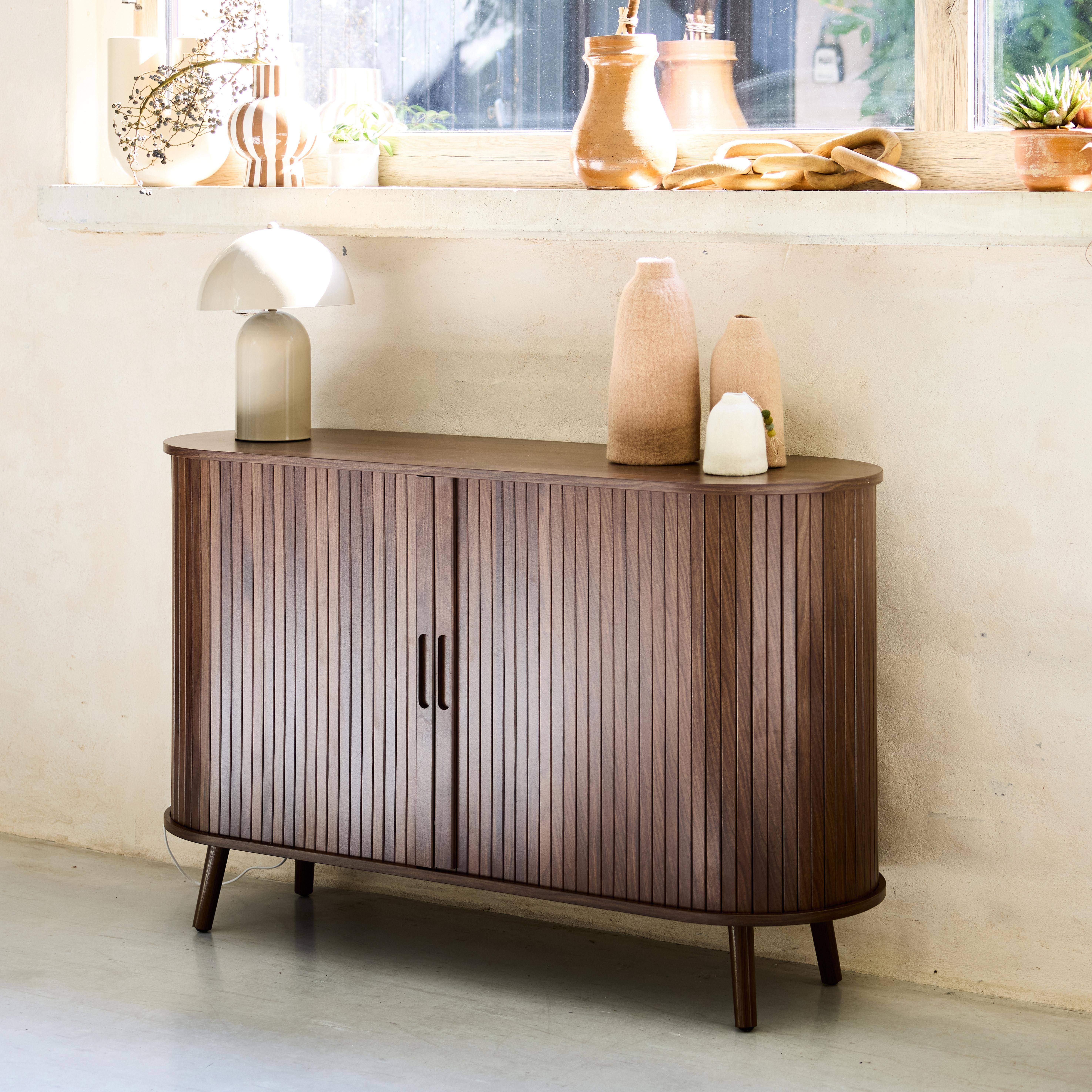 Skandinavisches Sideboard, 2 Schiebetüren, 4 Fächer, geriffelter Holzlook, nussbaumfarben, B 120 x T 40 x H 75 cm - Legacy Photo2