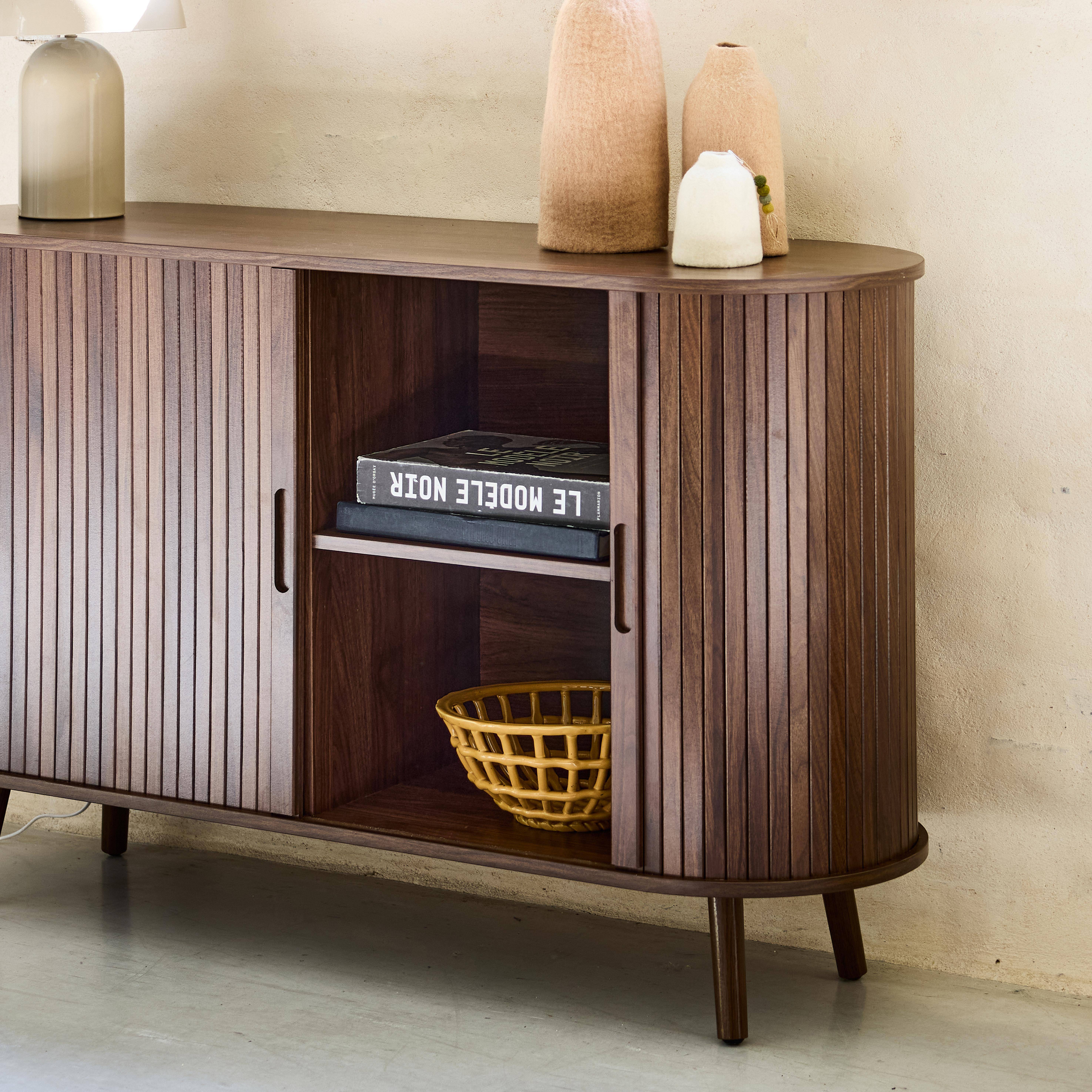 Skandinavisches Sideboard, 2 Schiebetüren, 4 Fächer, geriffelter Holzlook, nussbaumfarben, B 120 x T 40 x H 75 cm - Legacy,sweeek,Photo3