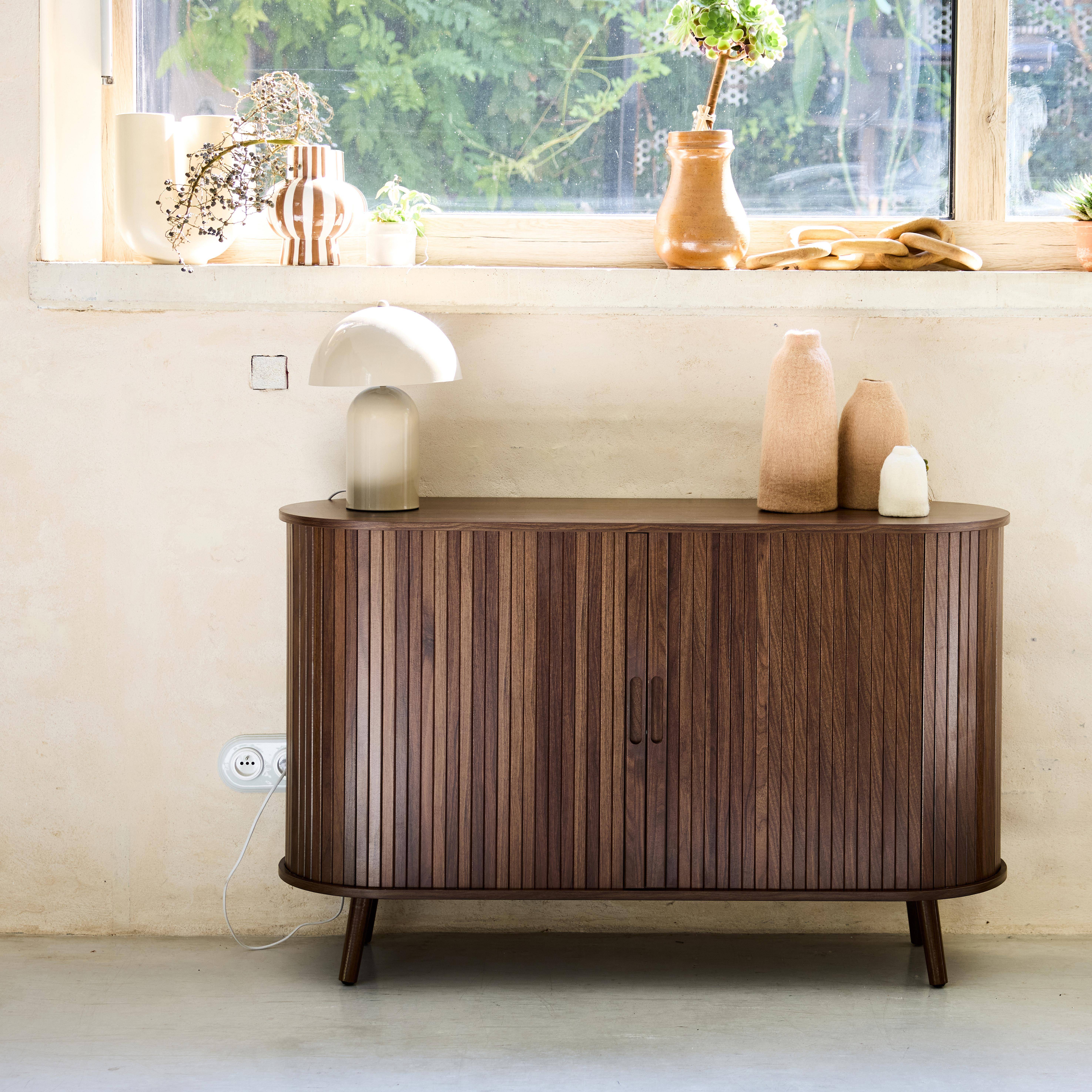 Skandinavisches Sideboard, 2 Schiebetüren, 4 Fächer, geriffelter Holzlook, nussbaumfarben, B 120 x T 40 x H 75 cm - Legacy Photo1