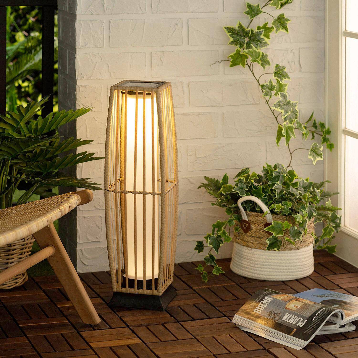 Lampe extérieur solaire LED effet rotin Lucas naturel H 68cm  Photo1