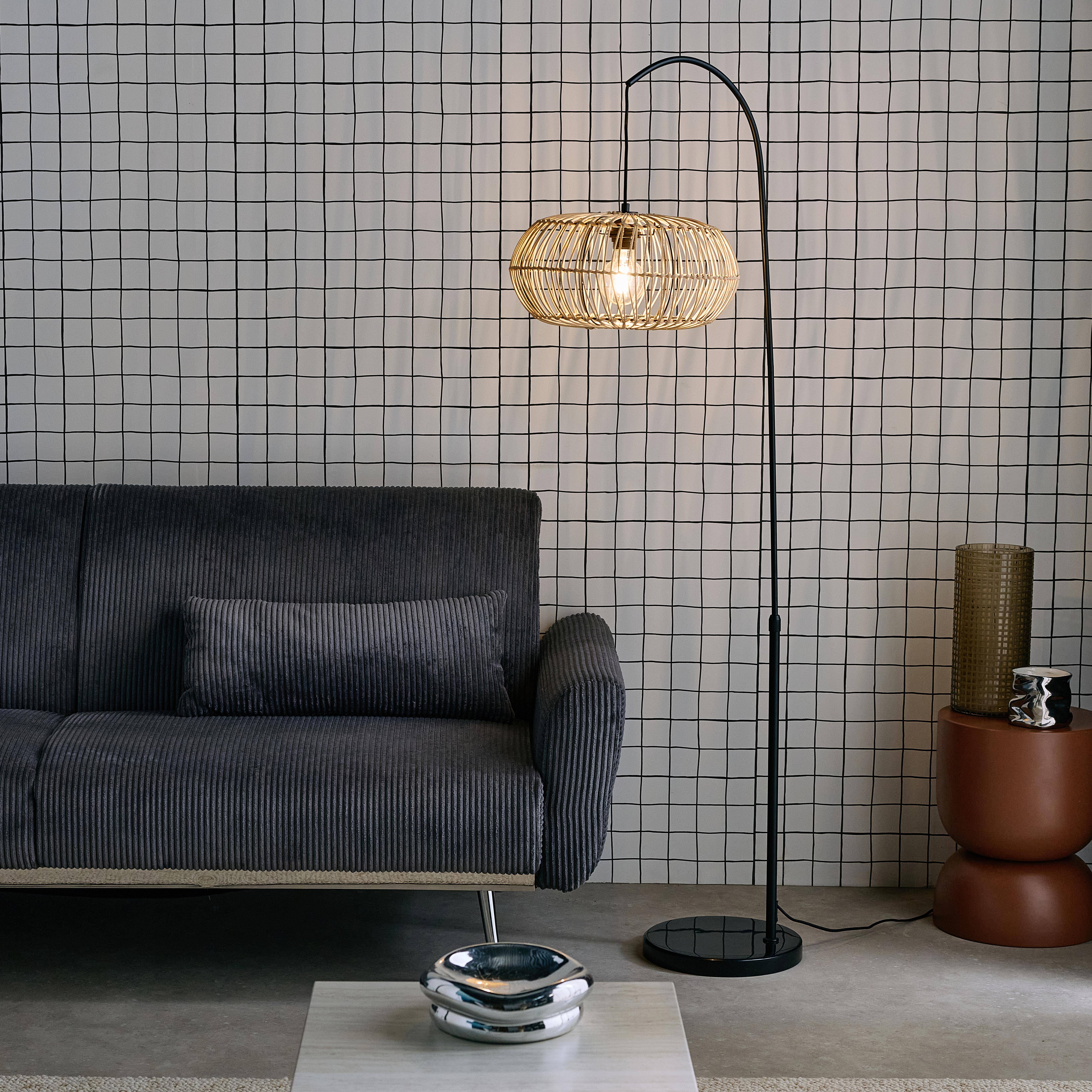 Lampadaire intérieur exotique rotin naturel métal et pierre effet marbre H170cm Diego Photo2