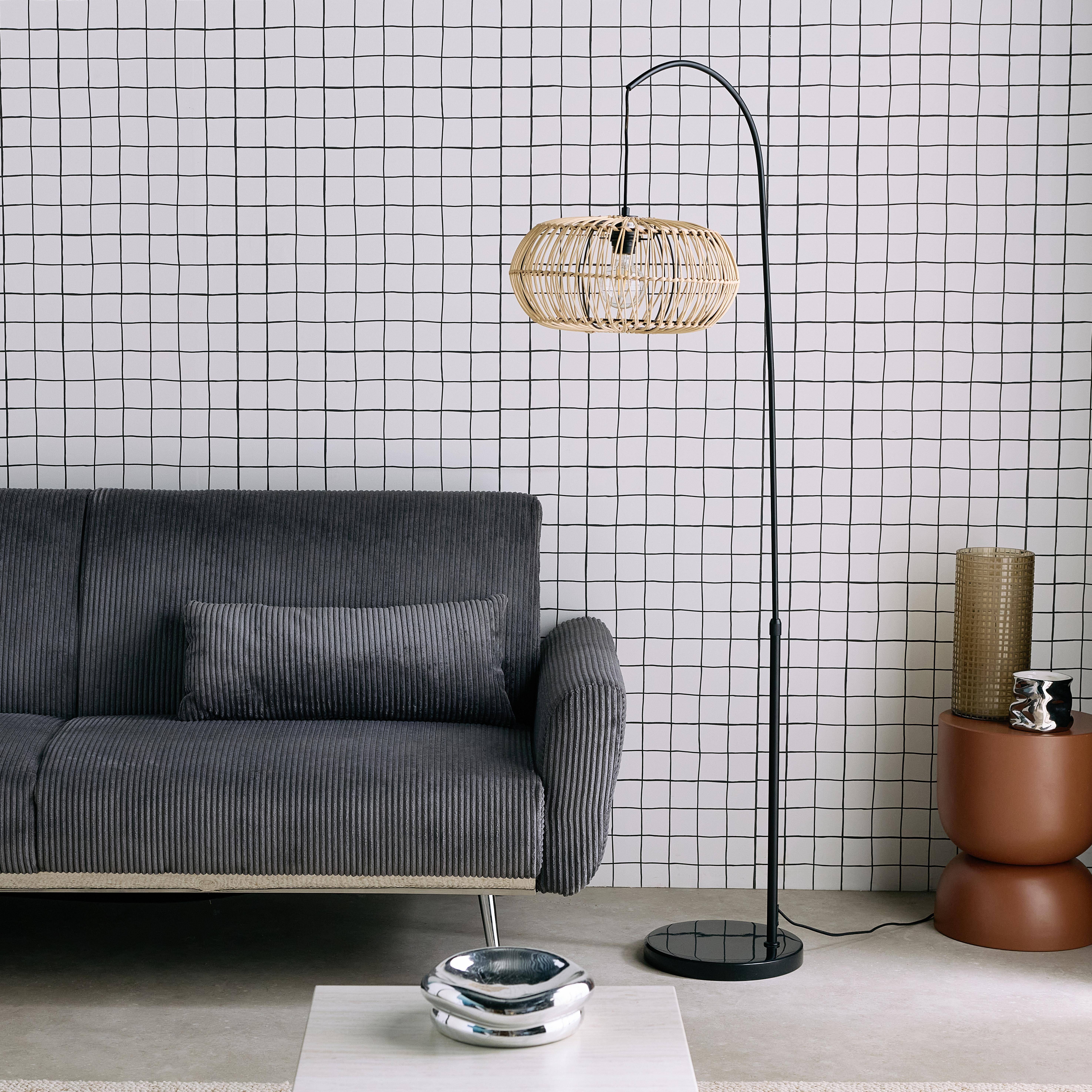 Lampadaire intérieur exotique rotin naturel métal et pierre effet marbre H170cm Diego Photo1