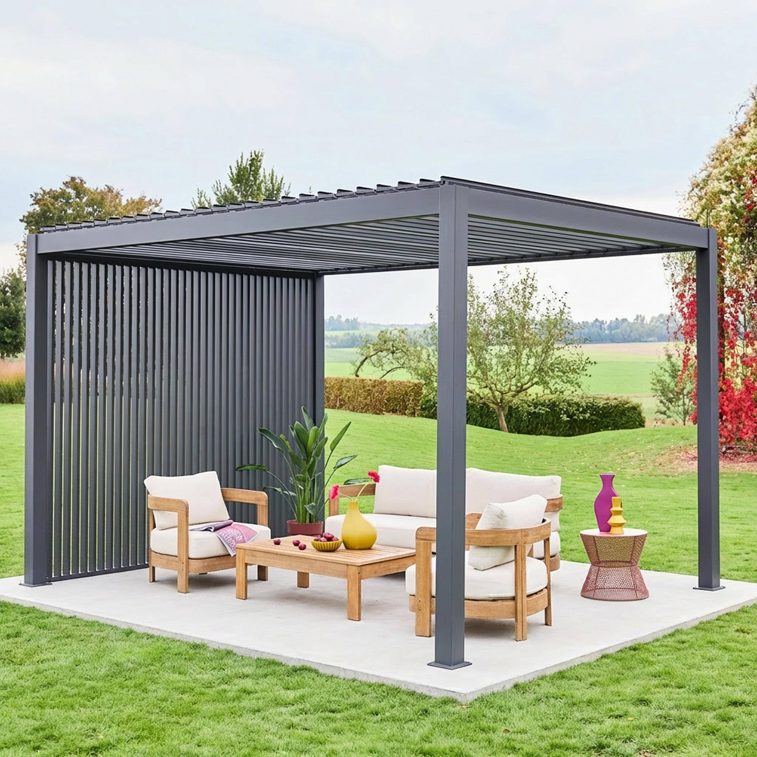 Pergola met lamellendak 4x3m aluminium lamellen verstelbaar met 3 verticale lamellenwanden 100cm antraciet - Triomphe Photo1