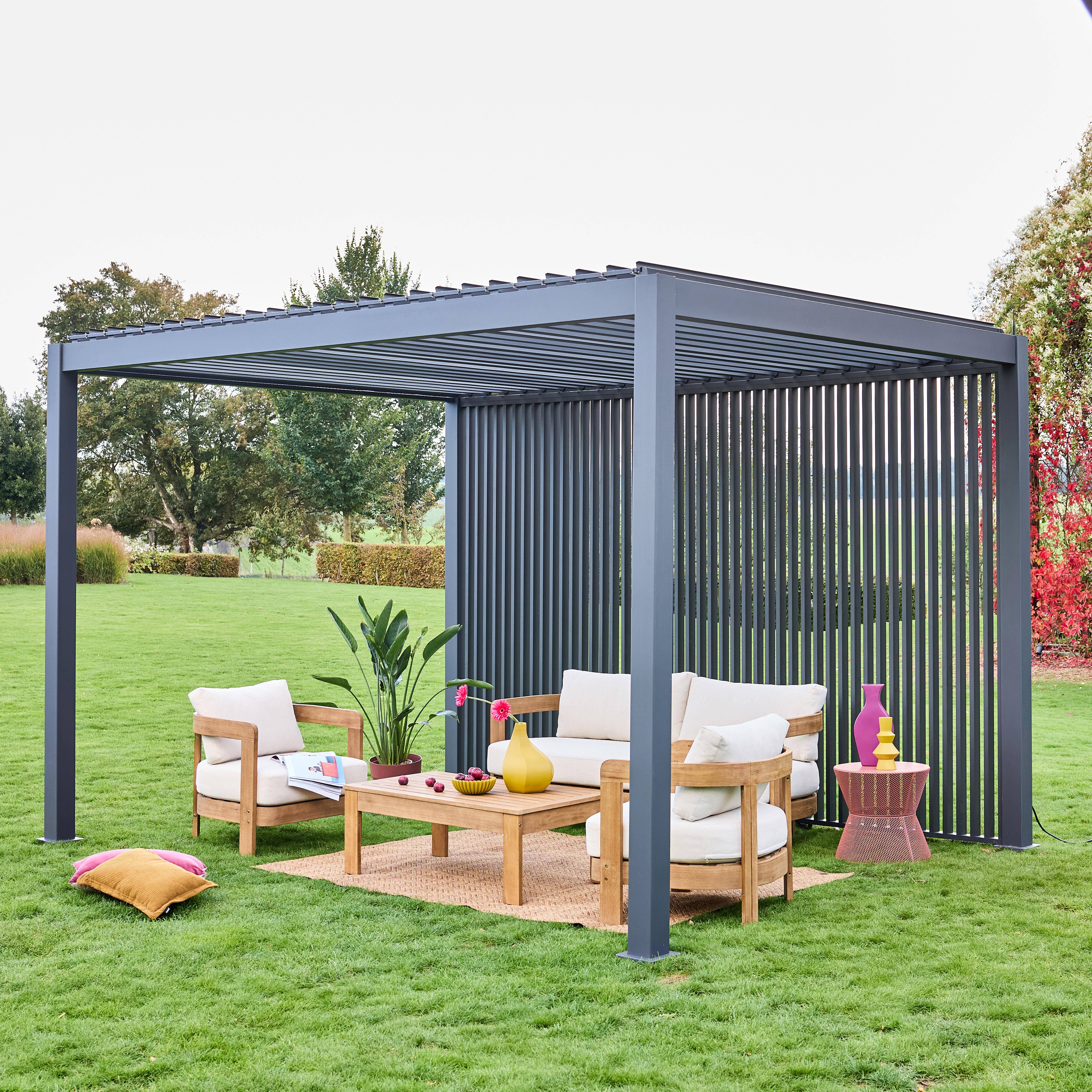 Pergola bioclimatique, aluminium, 3x4m, lames orientables + persienne verticale 130cm anthracite,sweeek,Photo1