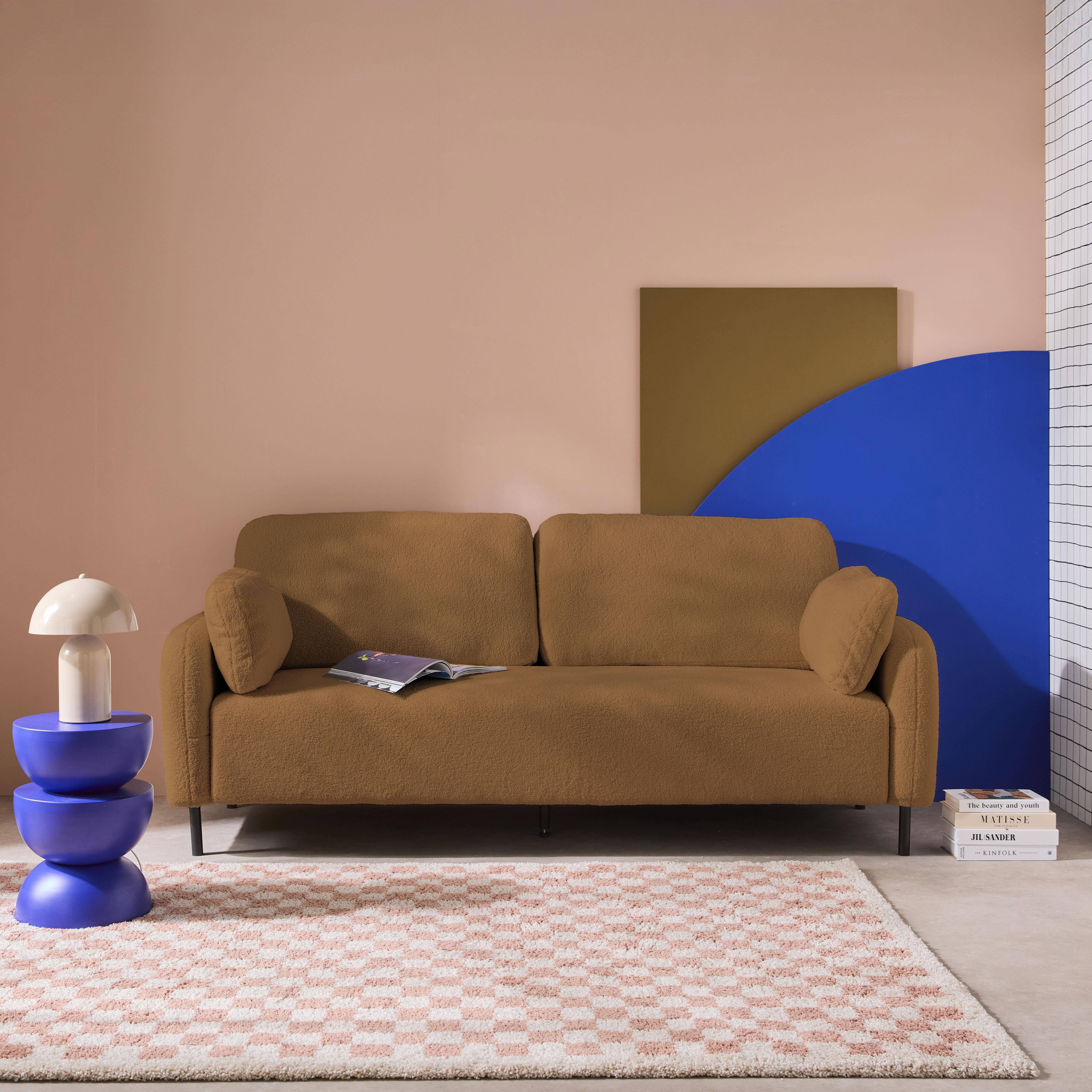 3-Sitzer Sofa aus Eukalyptusholz, mit Bouclé-Bezug in beige und Metallfüßen - Teddy Photo1