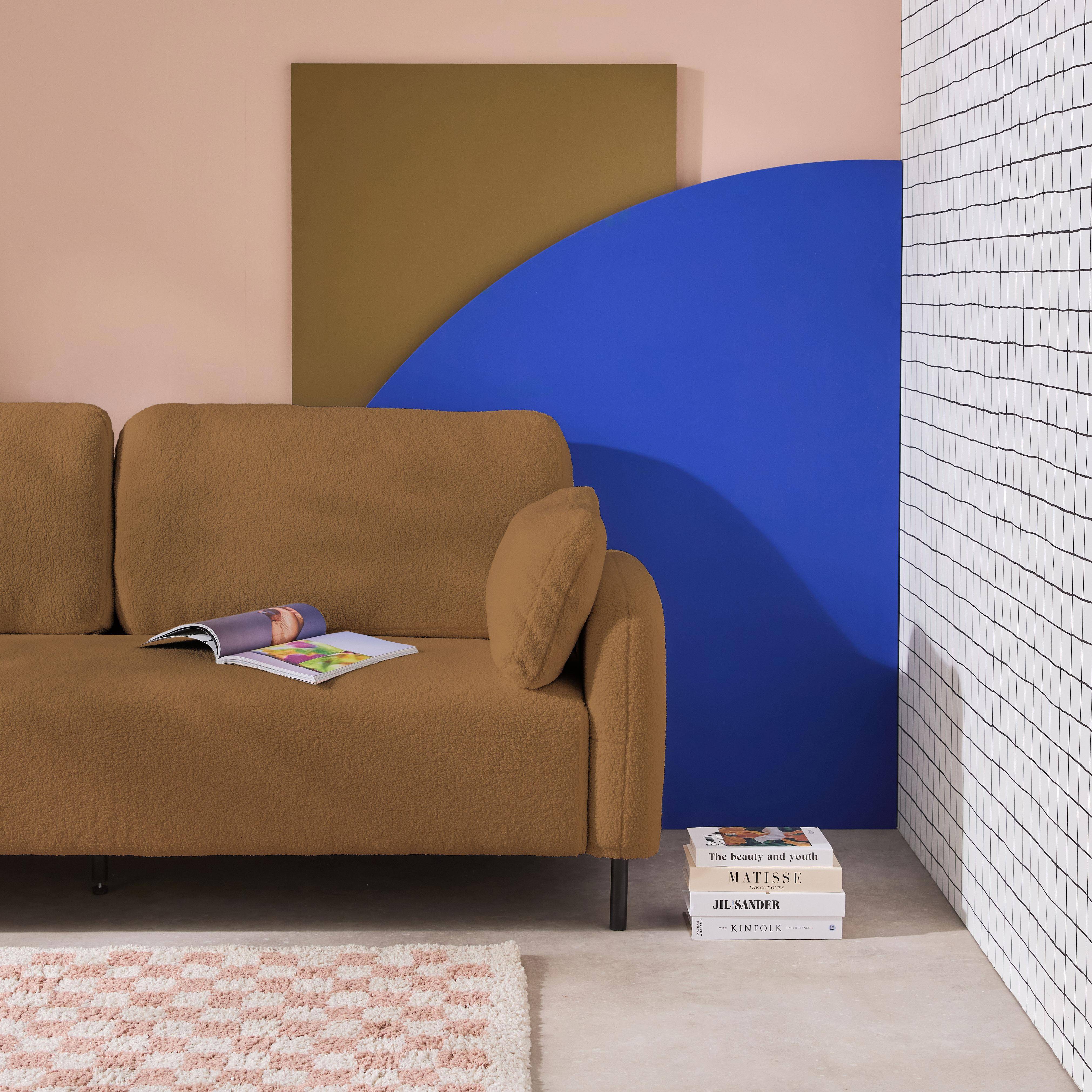 3-Sitzer Sofa aus Eukalyptusholz, mit Bouclé-Bezug in beige und Metallfüßen - Teddy Photo2