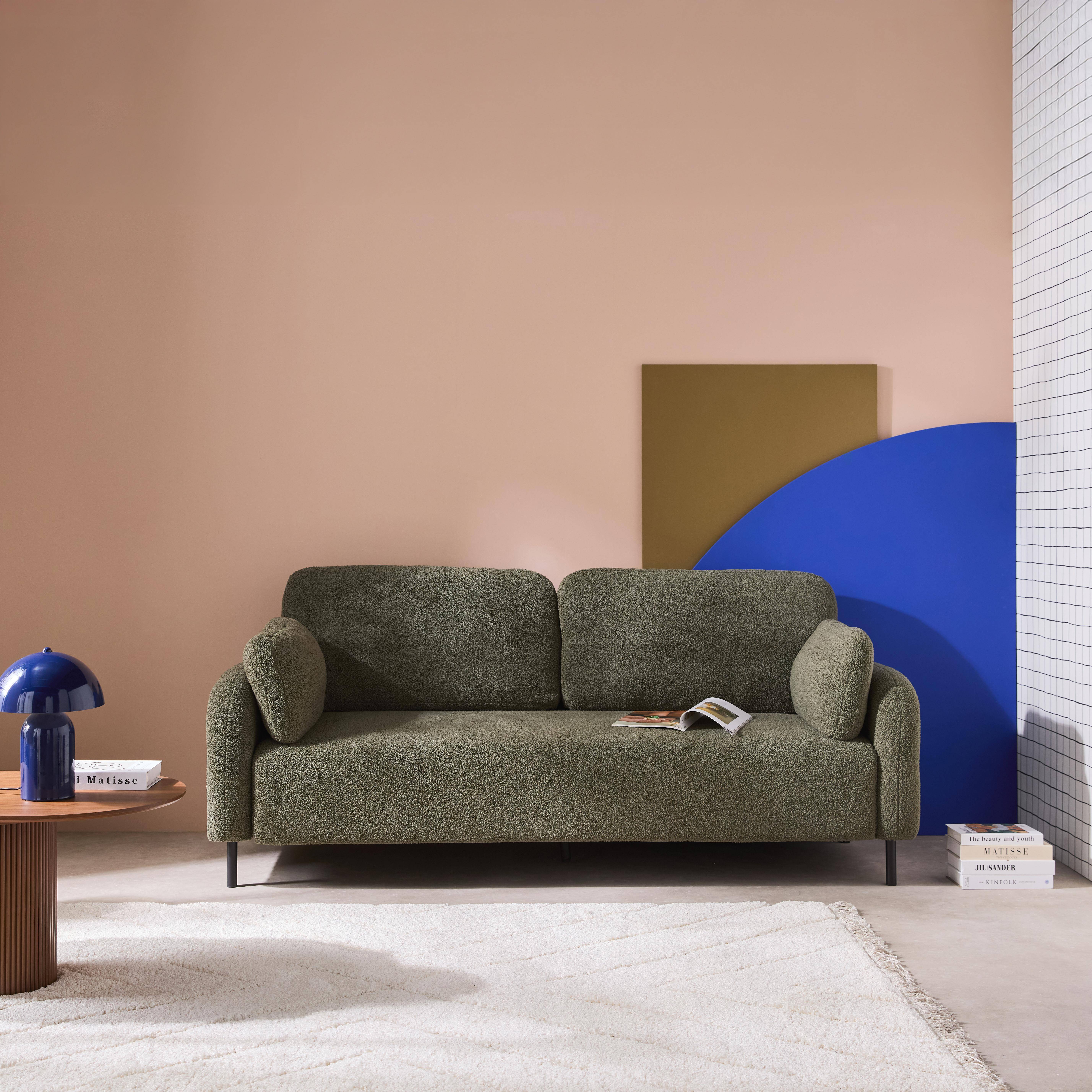 Sofá boucle e base de metal, 3 lugares, Teddy, Verde caqui, 208x84x87 cm,sweeek,Photo1