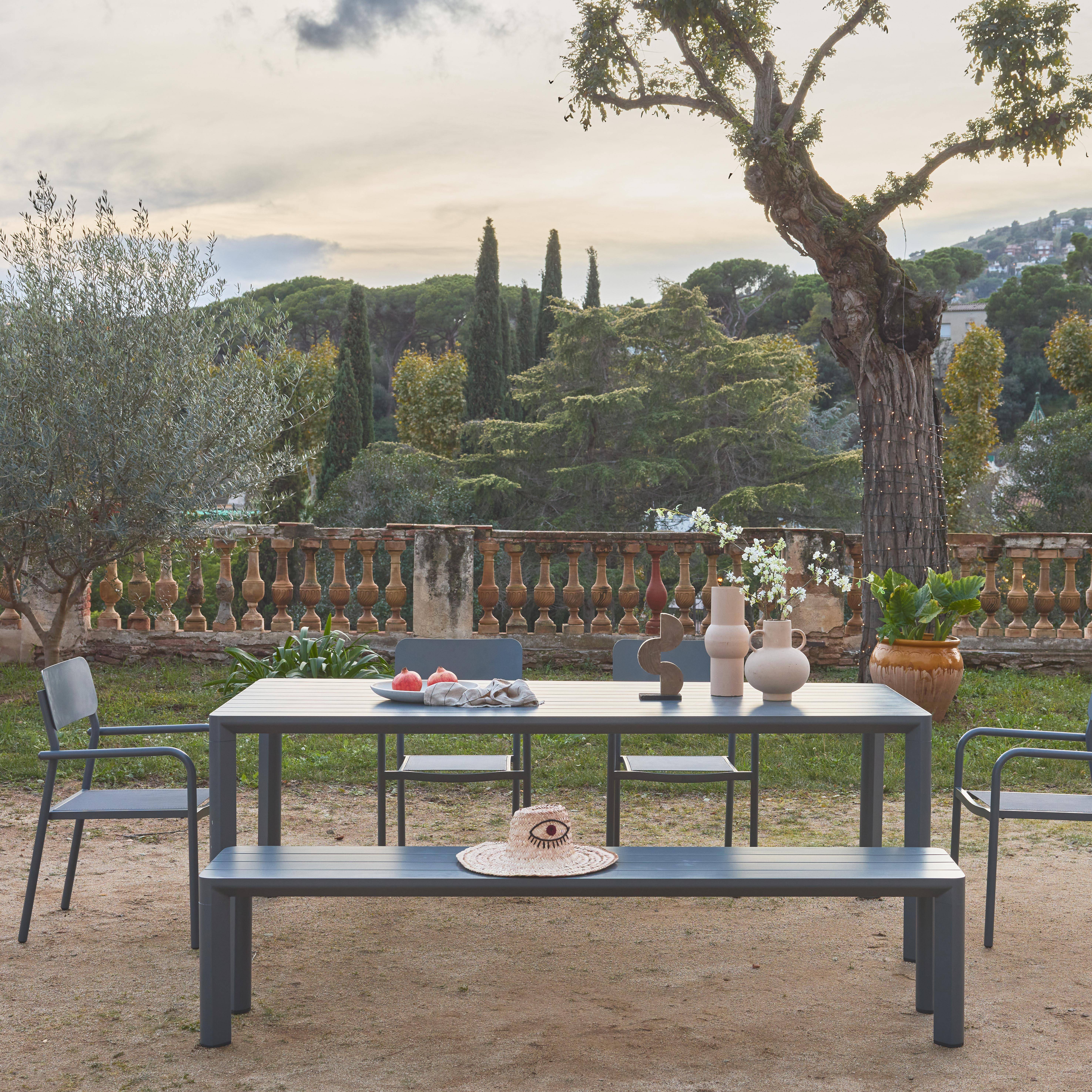 Table de jardin 1 banc et 4 fauteuils aluminium et textilène anthracite 220 x 100 x 75 cm Photo1