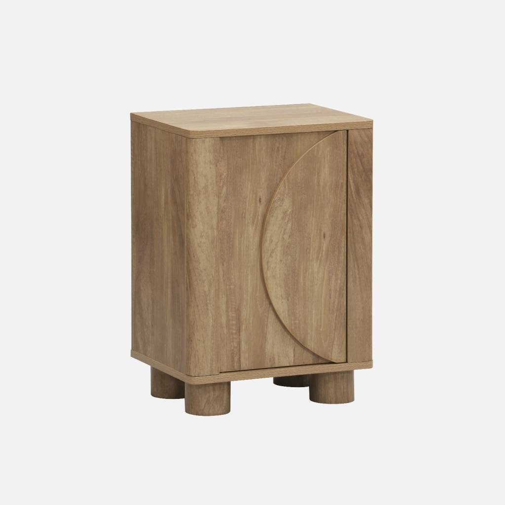 Mesita de noche efecto madera de mango con 1 puerta reversible, Efecto madera miel
