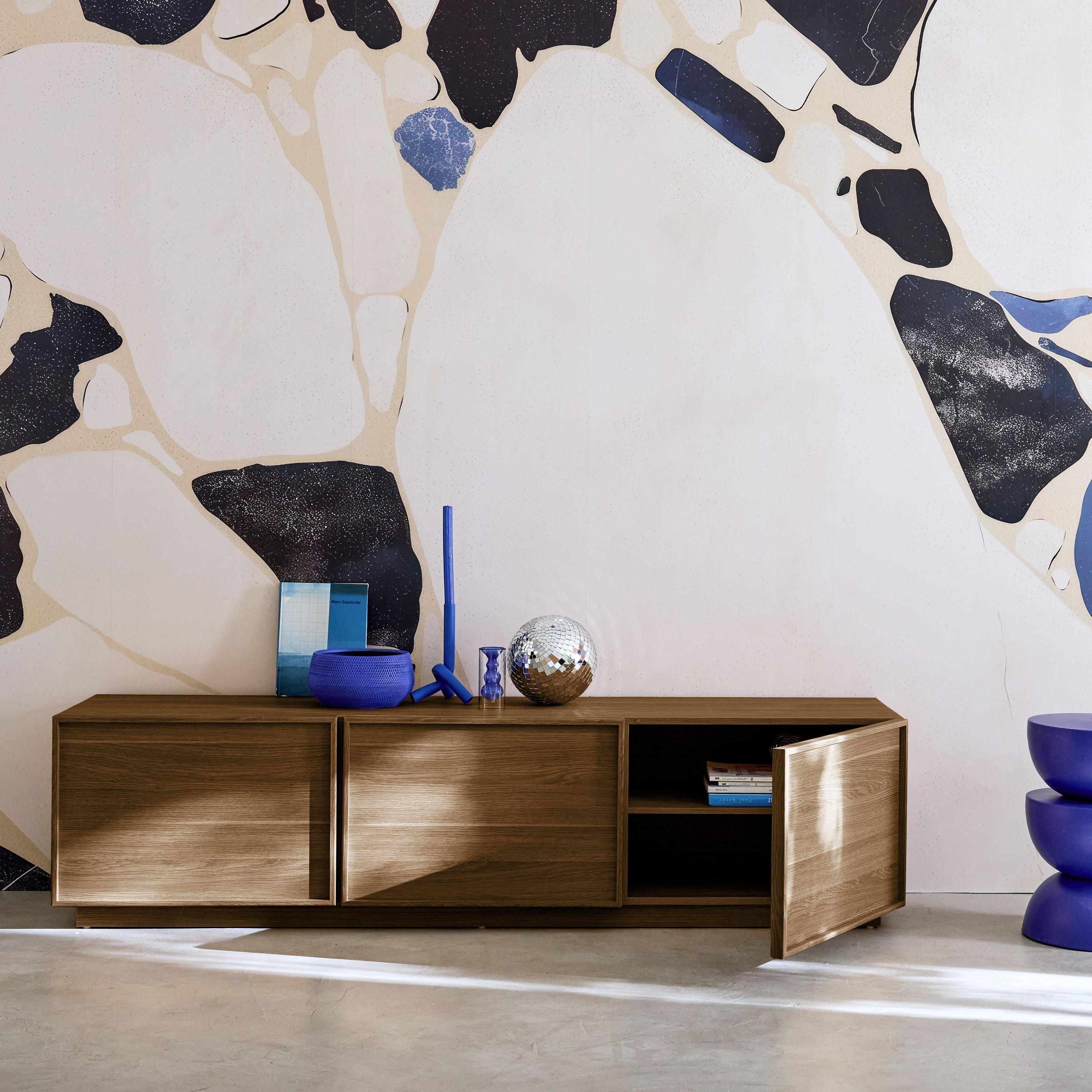 Wood decor TV stand with 3 walnut doors, 180cm | sweeek