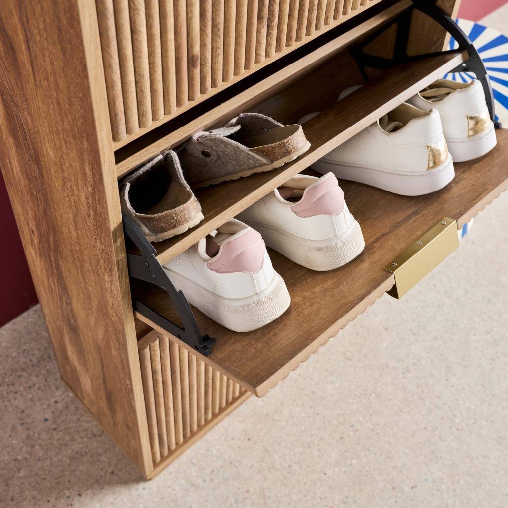 Mueble zapatero con efecto ranurado, 3 cajones, Celian, Marrón dorado, 60x25x121 cm,sweeek,Photo3