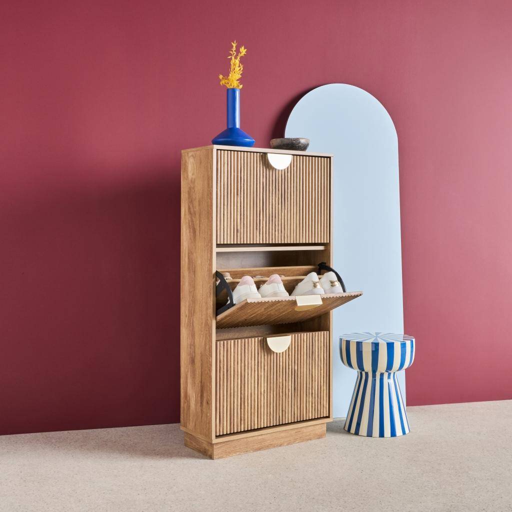 Mueble zapatero con efecto ranurado, 3 cajones, Celian, Marrón dorado, 60x25x121 cm Photo2