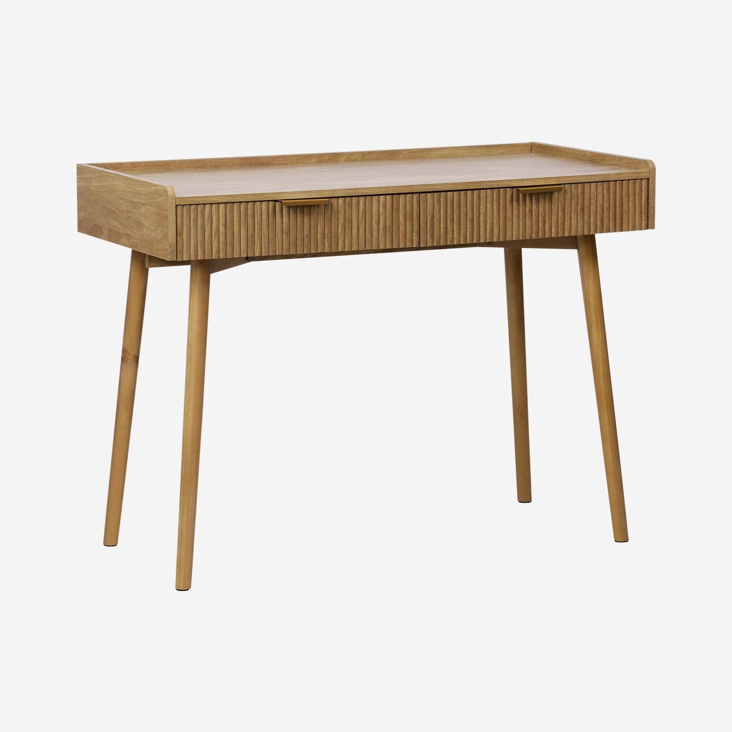 Bureau effet bois de manguier rainuré 2 tiroirs | sweeek