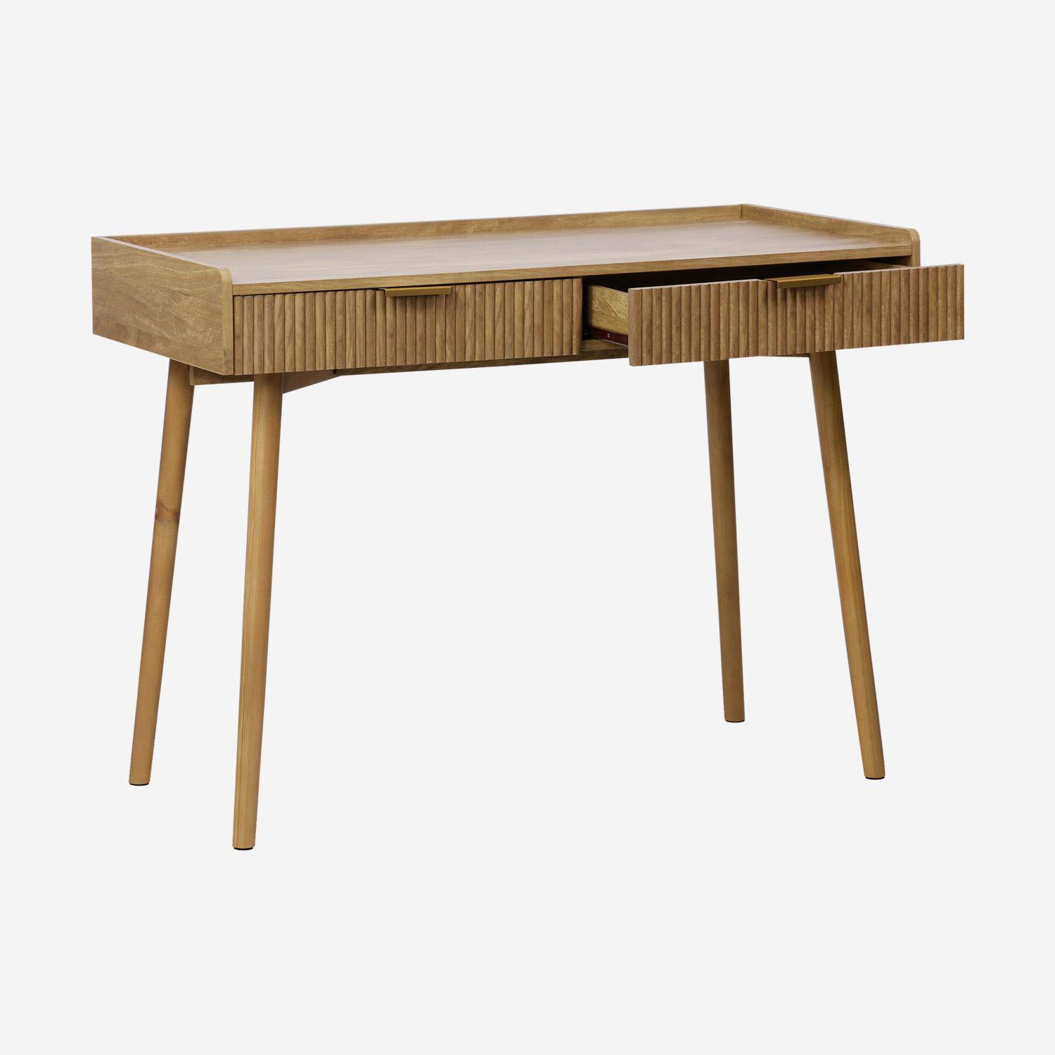 Schreibtisch in Mangoholzoptik mit geriffelten Oberflächen, 2 Schubladen ,110 x 55 x 79,5 cm – Celian Photo2