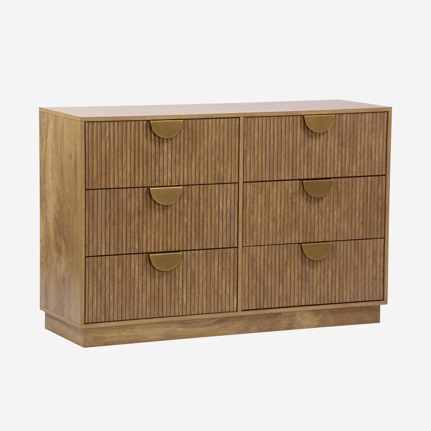 Cómoda efecto madera de mango labrado, 6 cajones, Celian, Marrón dorado, 120x39x79 cm,sweeek,Photo1