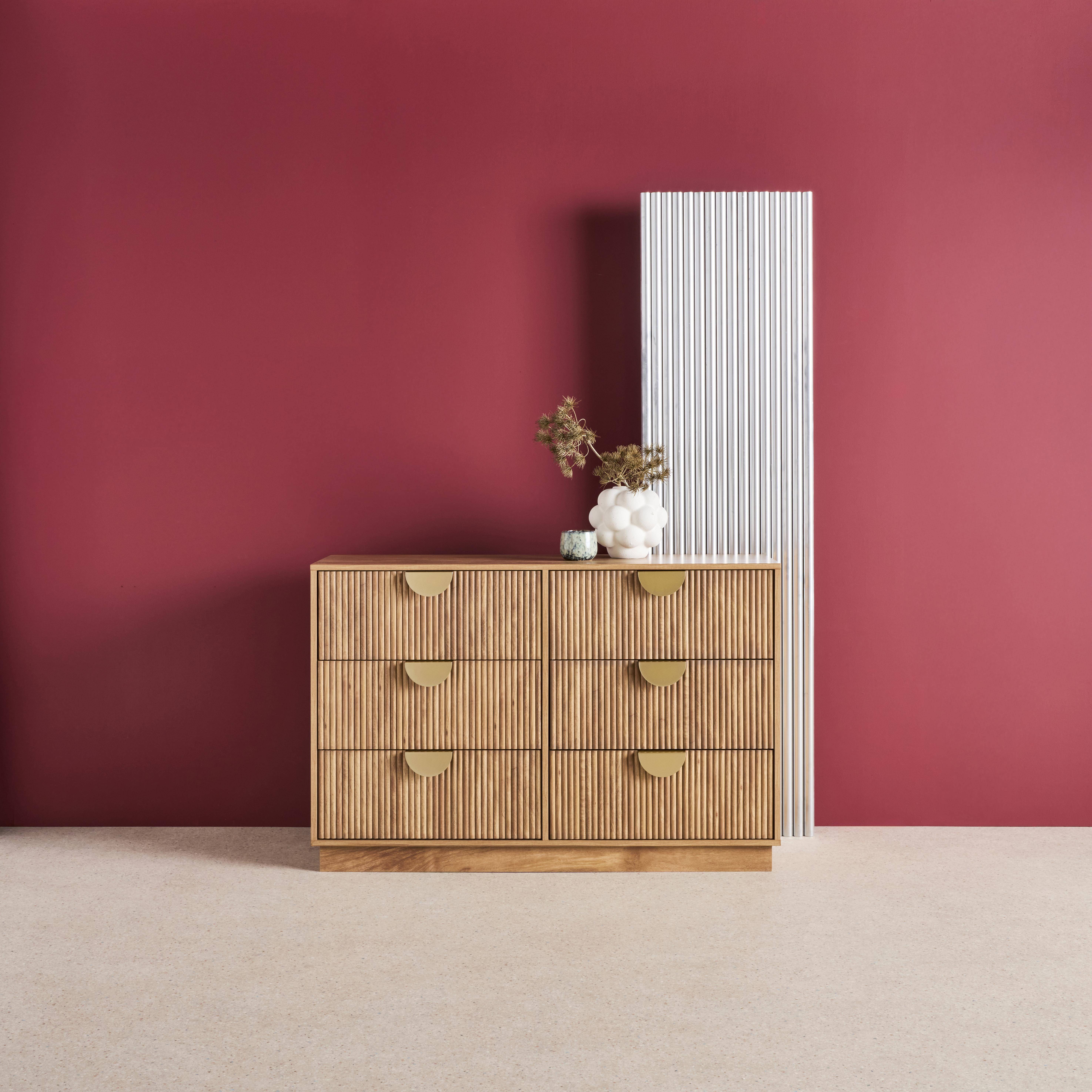 Commode effet bois de manguier rainuré 6 tiroirs - 120 x 39 x 79 cm - Celian,sweeek,Photo1