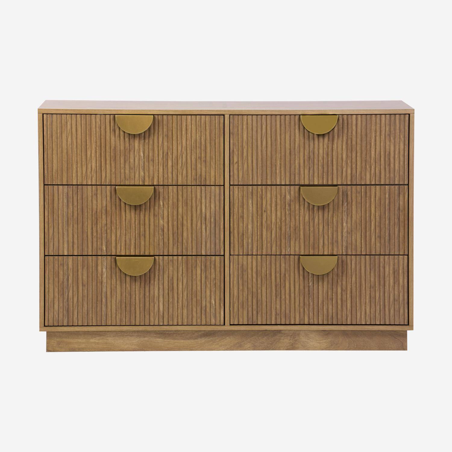 Cómoda efecto madera de mango labrado, 6 cajones, Celian, Marrón dorado, 120x39x79 cm Photo2