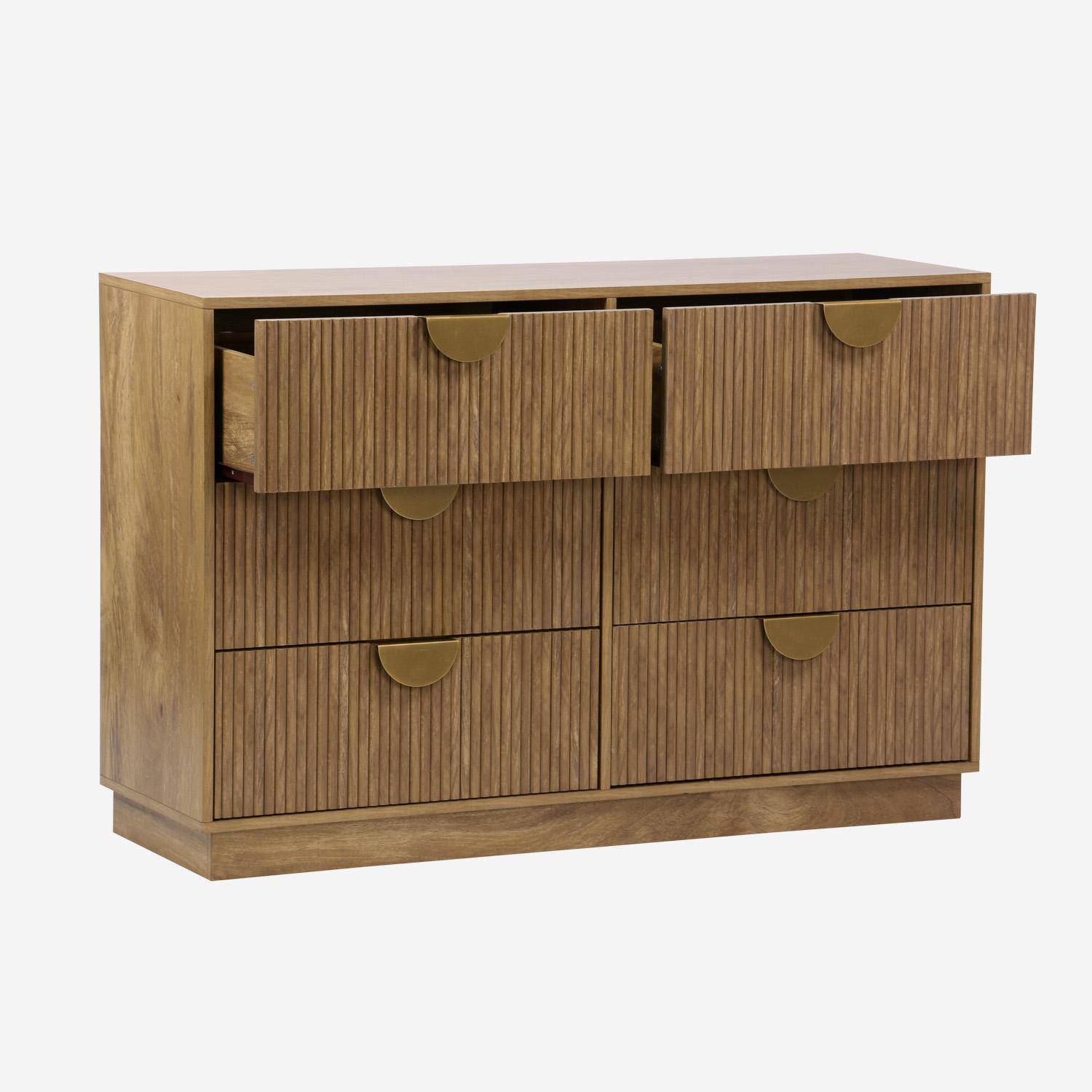 Cómoda efecto madera de mango labrado, 6 cajones, Celian, Marrón dorado, 120x39x79 cm Photo3