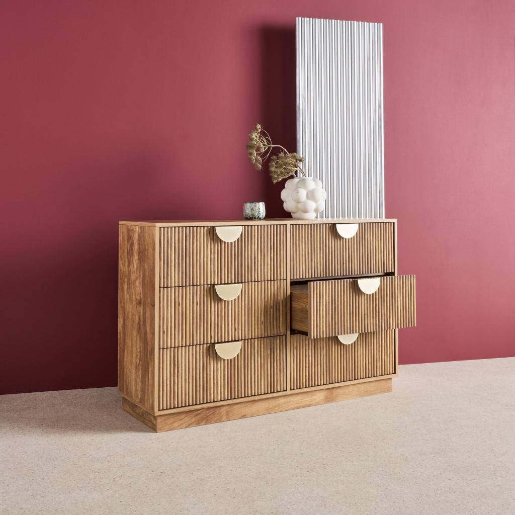 Ladekast in gegroefd mangohouteffect met 6 lades - 120 x 39 x 79 cm - Celian Photo2