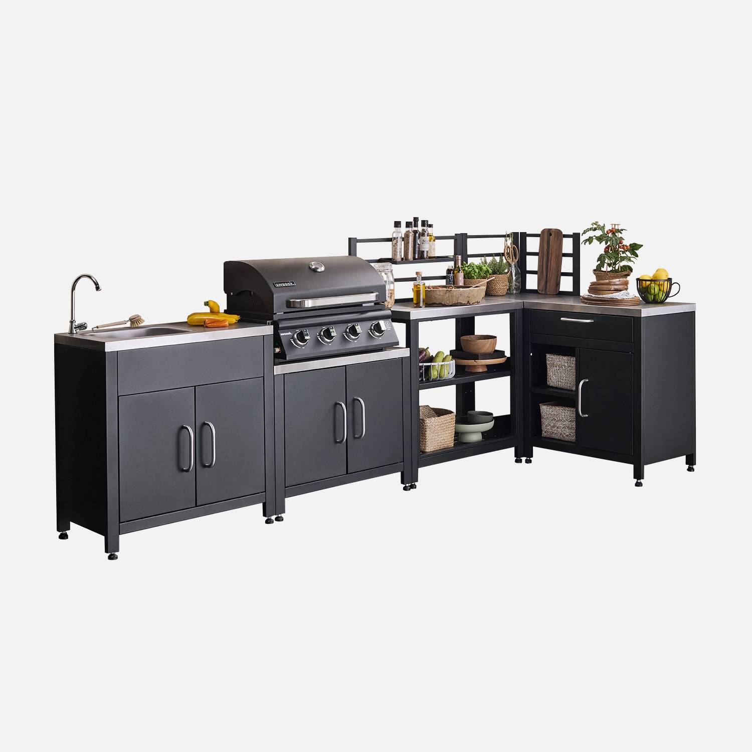 Modulo cucina da esterno con barbecue a gas 4 bruciatori, 5 moduli , Nero
