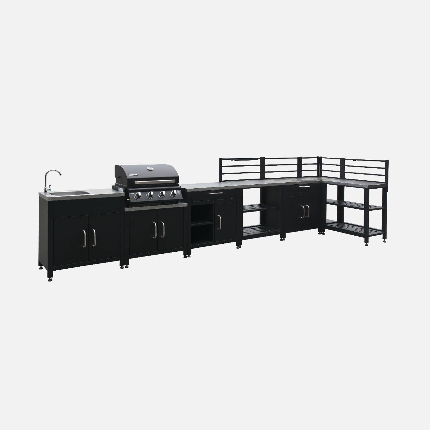 Modulo cucina da esterno con barbecue a gas a 4 bruciatori, 7 moduli, Nero