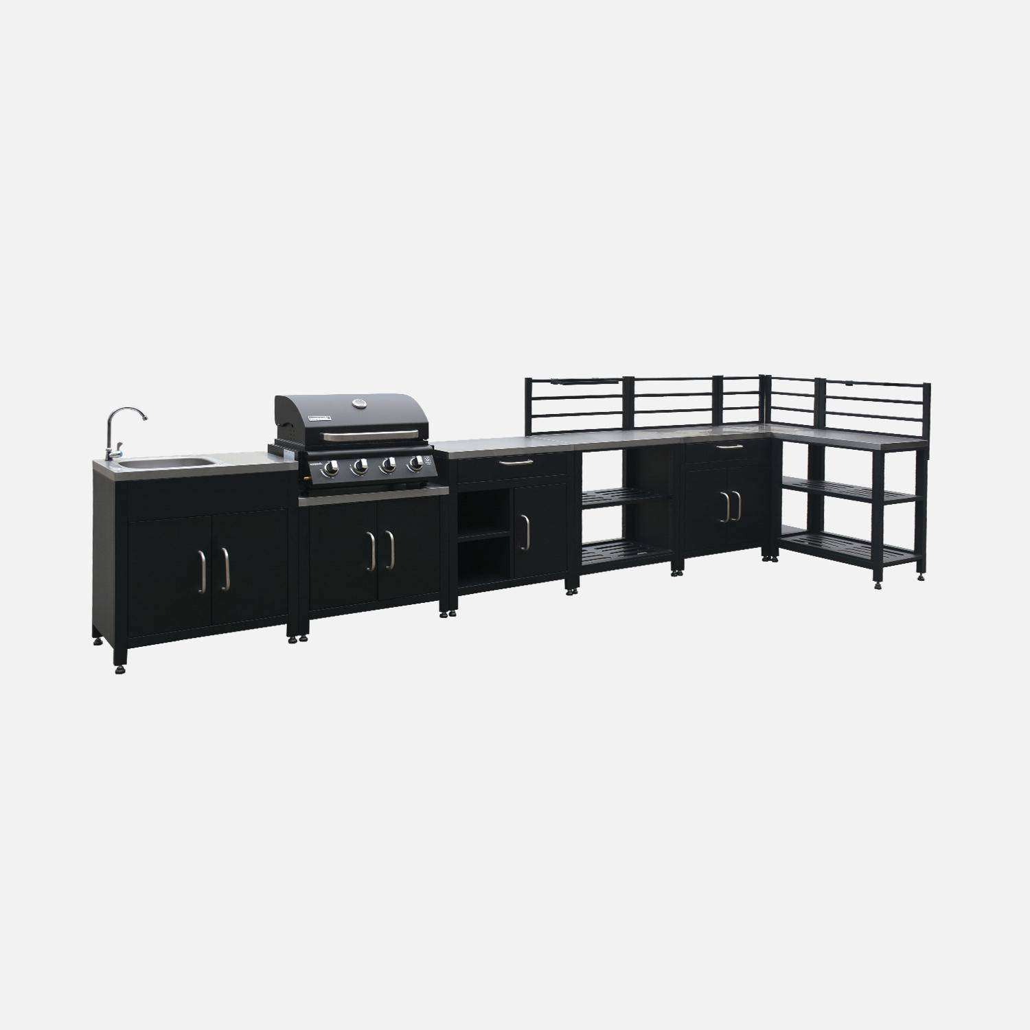 Modulo cucina da esterno con barbecue a gas a 4 bruciatori, 7 moduli Nero - 128.5x448.5x124 cm Photo2