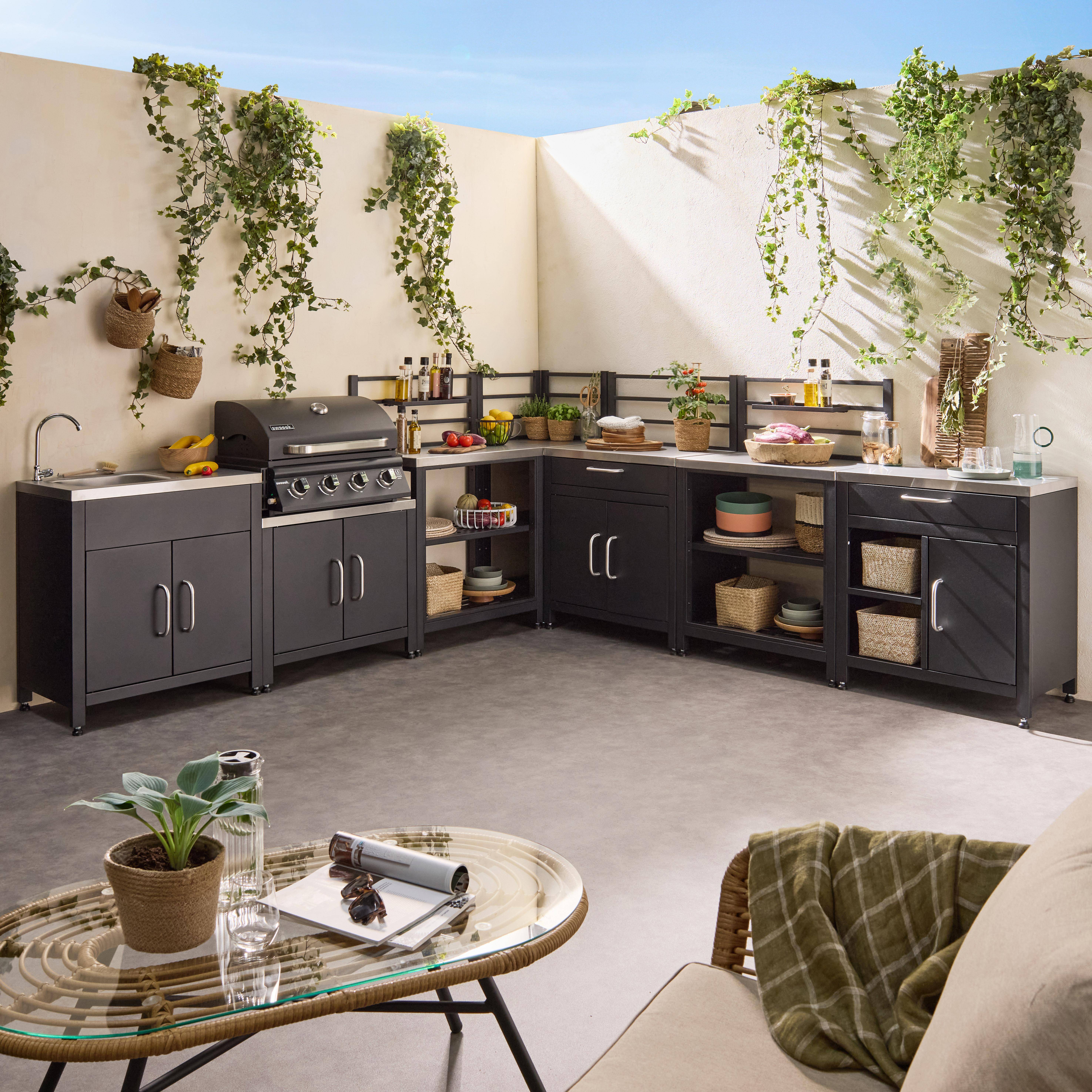 Modulo cucina da esterno con barbecue a gas a 4 bruciatori, 7 moduli Nero - 128.5x448.5x124 cm Photo1