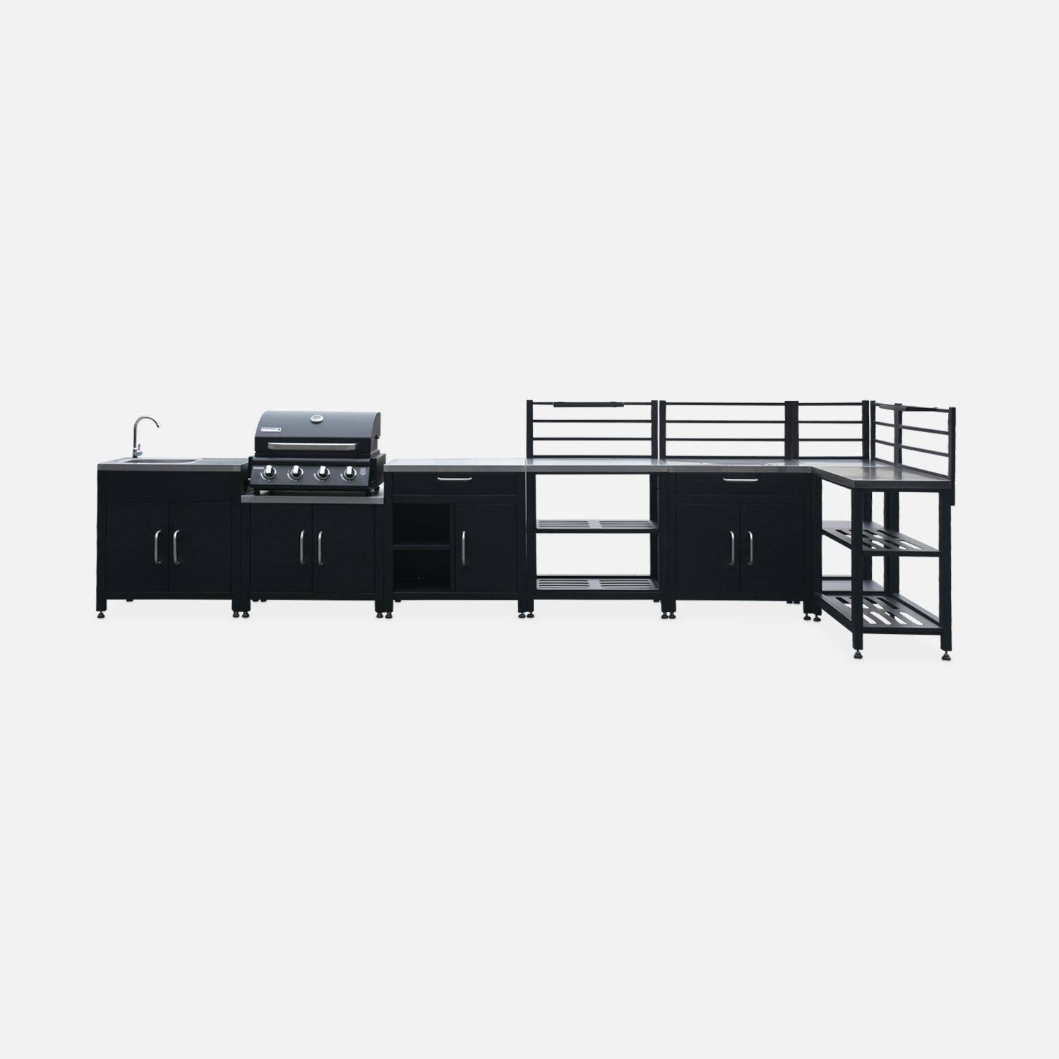 Modulo cucina da esterno con barbecue a gas a 4 bruciatori, 7 moduli Nero - 128.5x448.5x124 cm Photo3