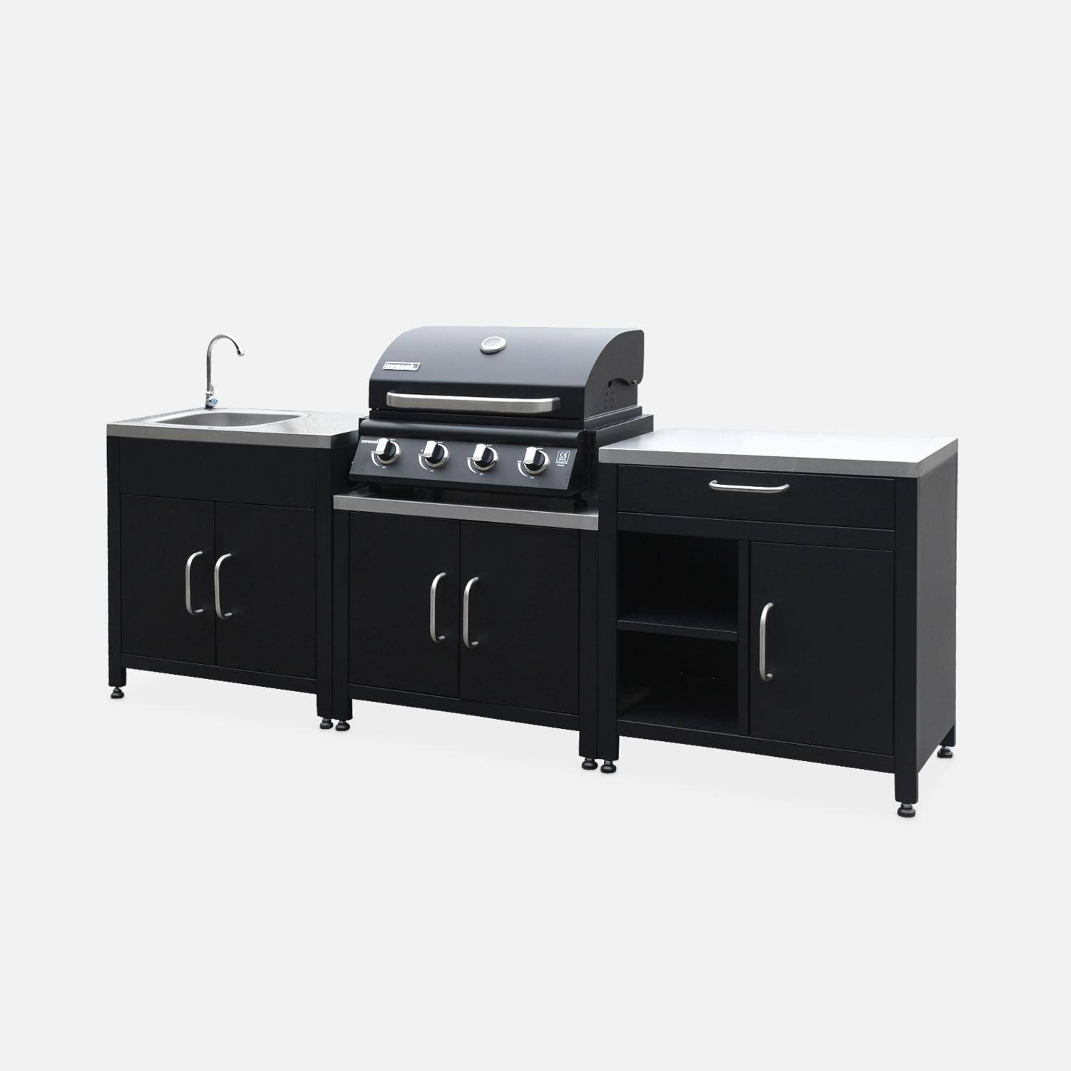 Modulo cucina da esterno con barbecue a gas a 4 bruciatori, 7 moduli Nero - 128.5x448.5x124 cm,sweeek,Photo4