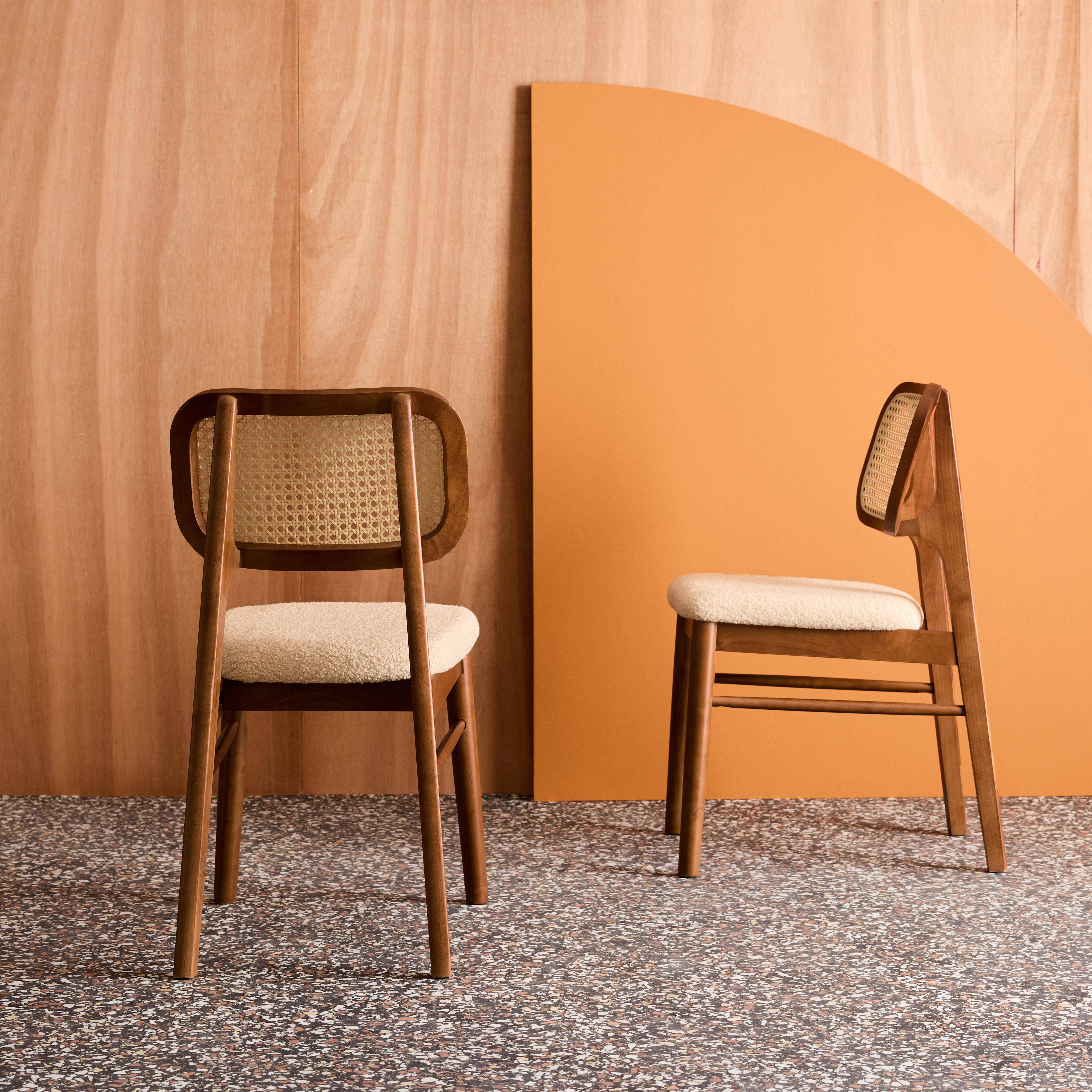 Lot de 2 chaises vintage bois d'hévéa cannage et bouclette Mani,sweeek,Photo2