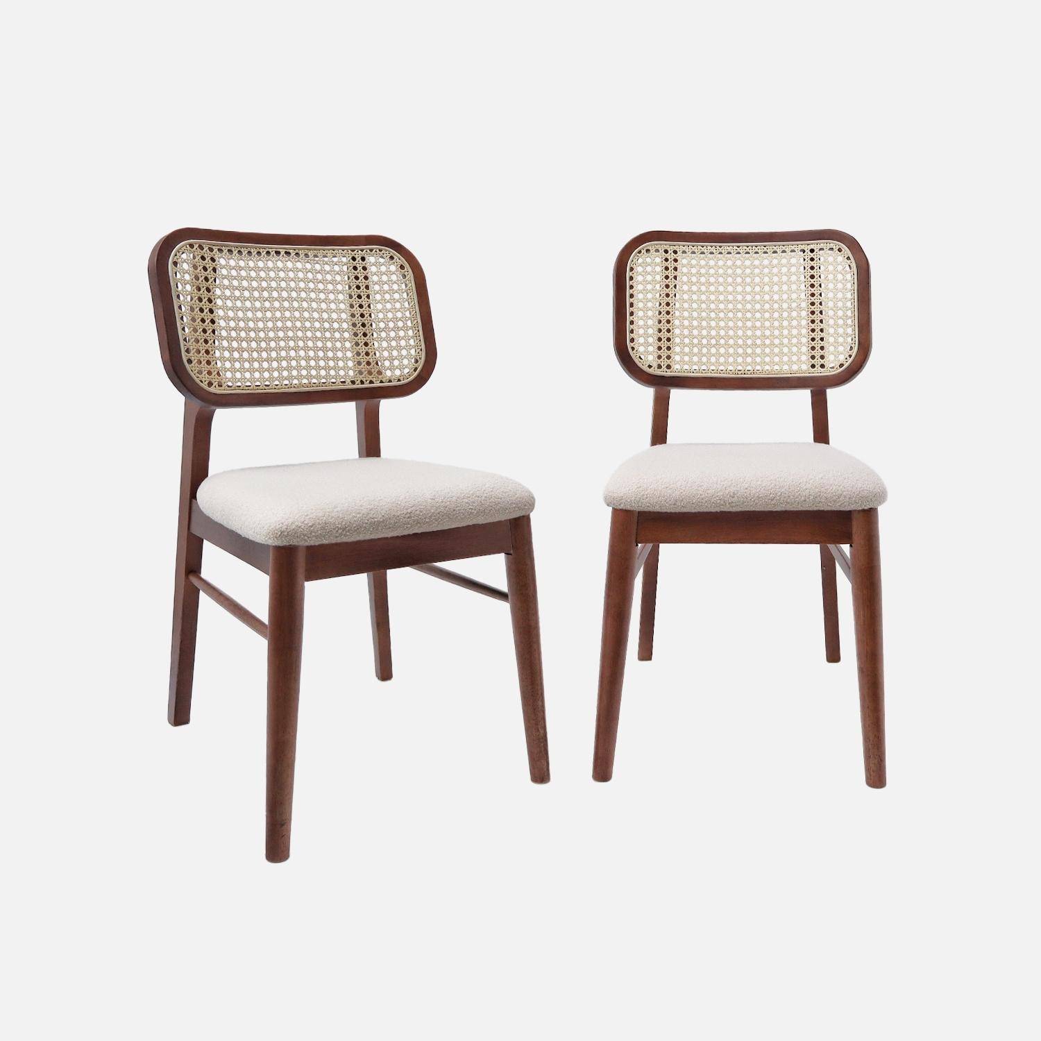 Set van 2 vintage stoelen van rubberhout en vlechtwerk met bouclé walnoot en crème - Mani Photo6