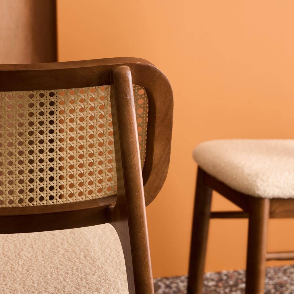 Set van 2 vintage stoelen van rubberhout en vlechtwerk met bouclé walnoot en crème - Mani Photo4