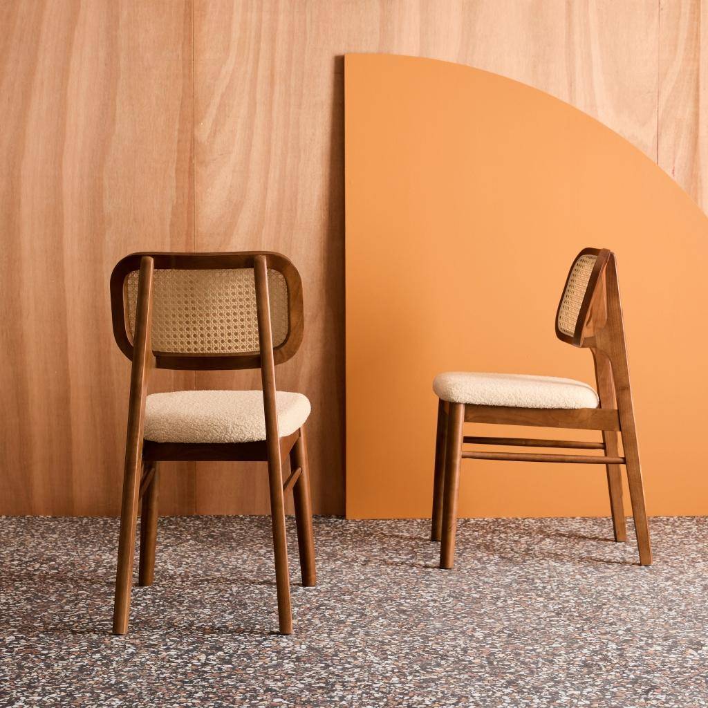 Set van 2 vintage stoelen van rubberhout en vlechtwerk met bouclé walnoot en crème - Mani Photo2