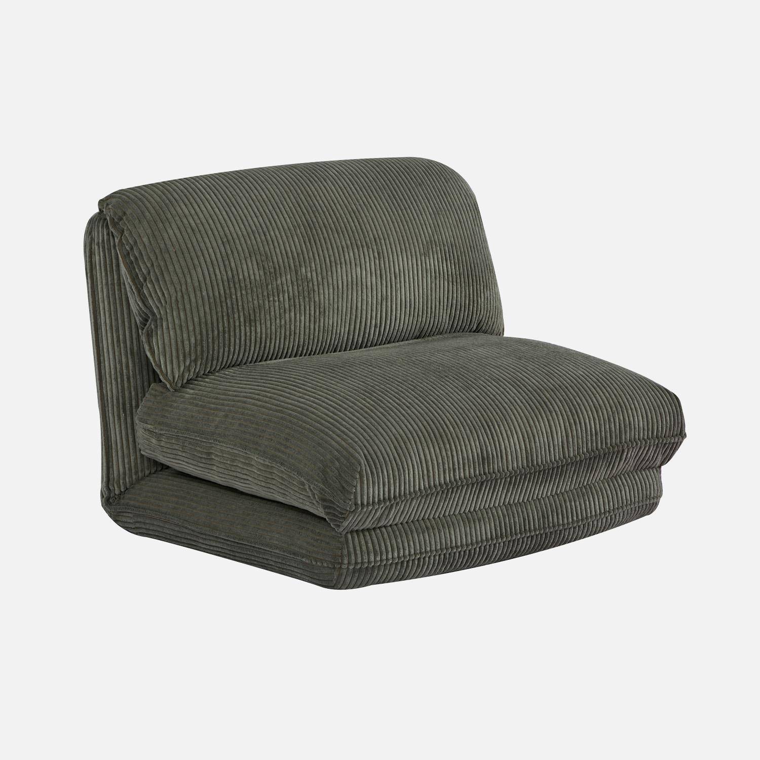 Poltrona convertibile velluto a coste grosse coste 1 posto, Cosy, Verde kaki, 209x78x58 cm Photo1
