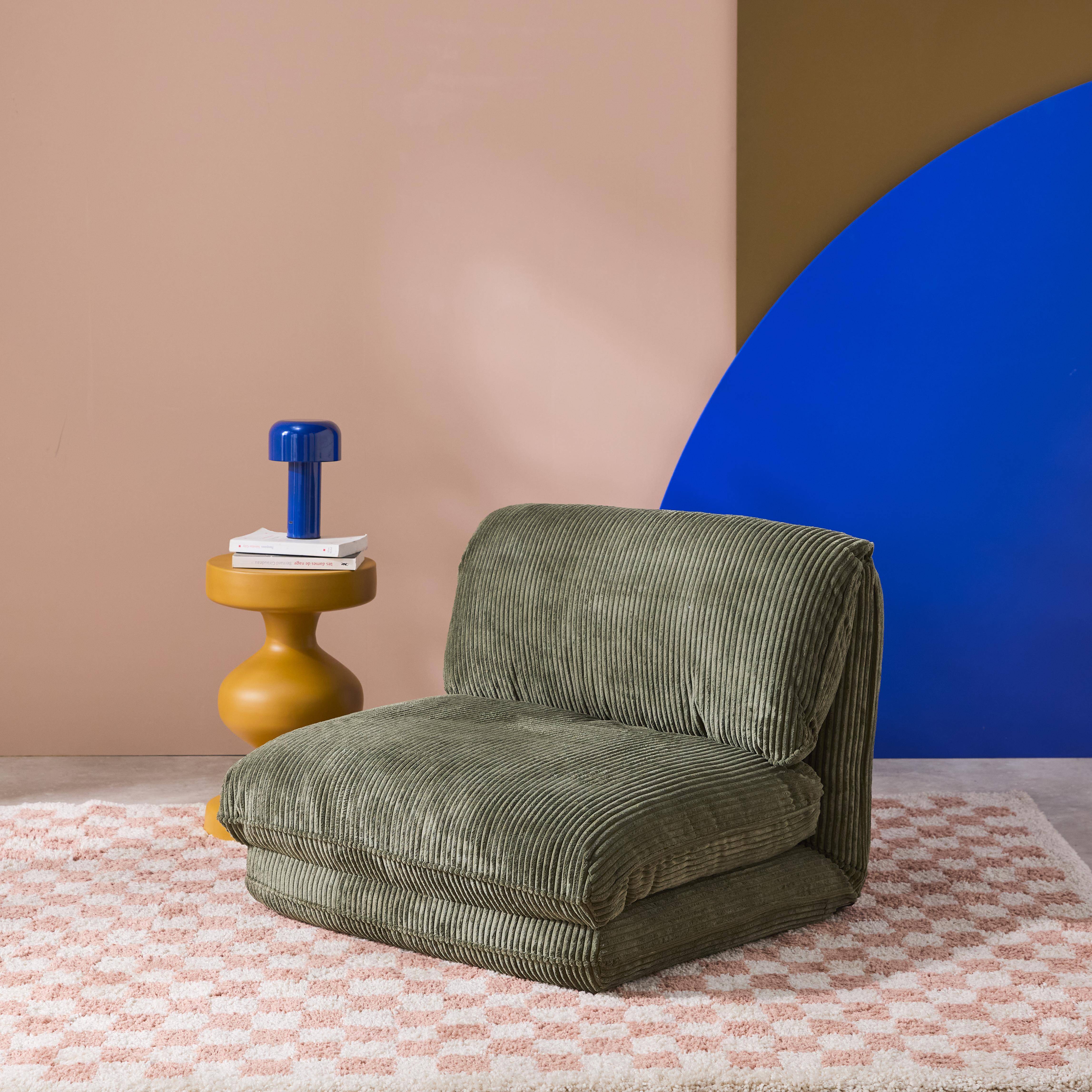 Sillón convertible terciopelo de pana gruesa, 1 plaza, Cosy, Verde kaki, 209x78x58 cm Photo1