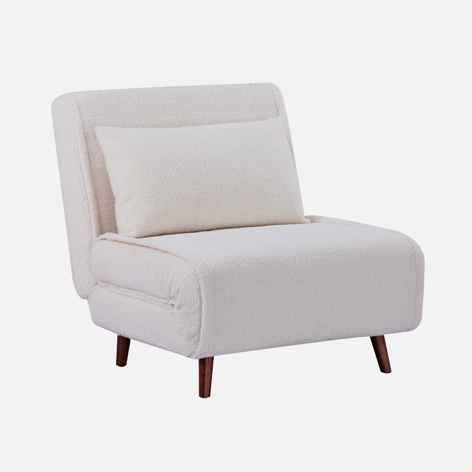 Poltrona letto bouclé con base in legno 1 posto, Guest, Crema, 191x77x83 cm Photo1