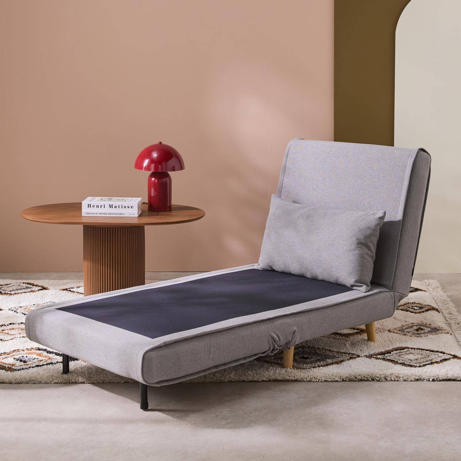 Poltrona de 1 lugar conversível em tecido simple com base de madeira, Guest, Cinza, 191x77x49 cm,sweeek,Photo2