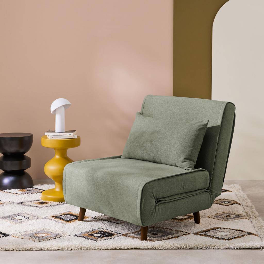 Sessel mit Holzgestell und Schlaffunktion für 1 Person Stoffbezug in khaki - Guest Photo1