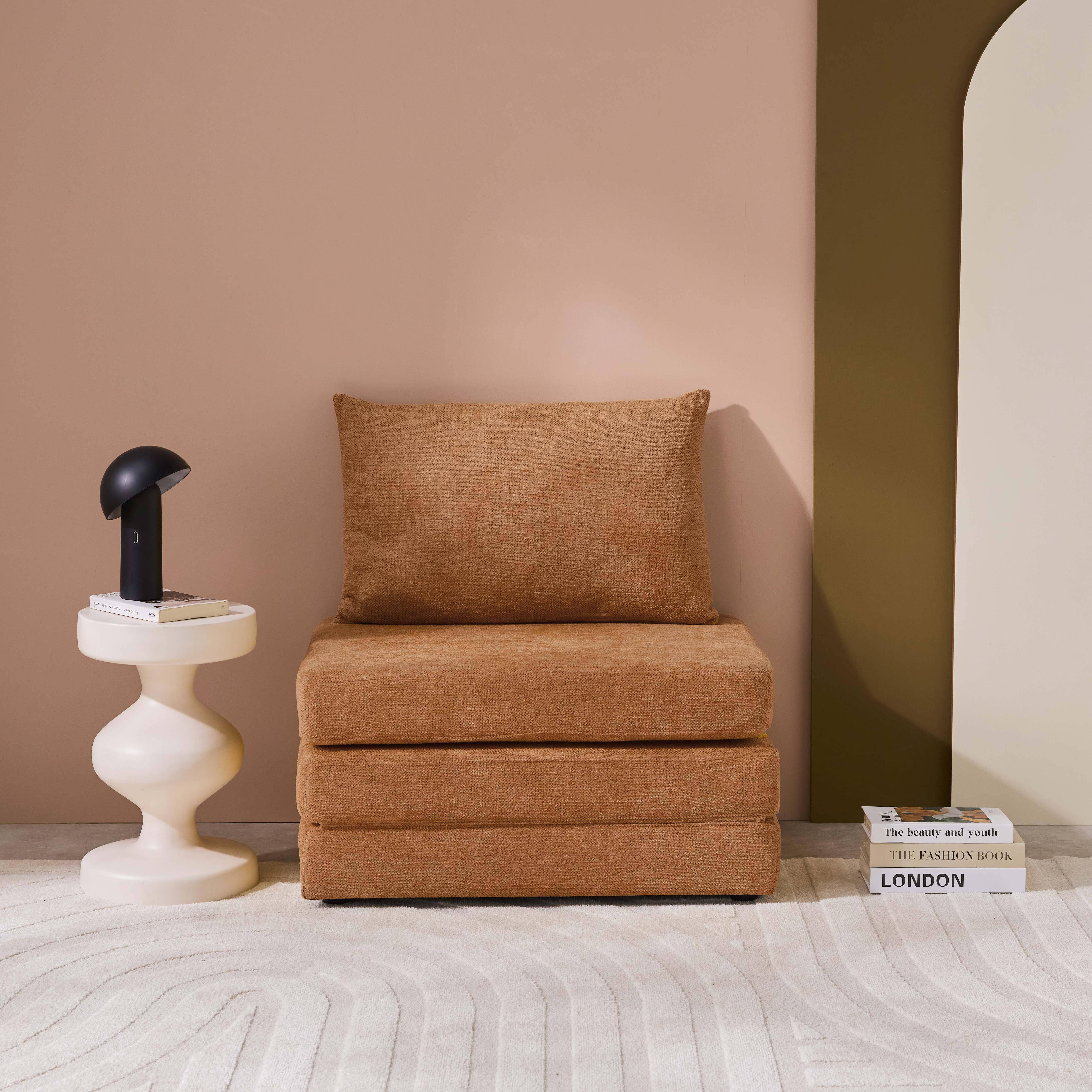 Chauffeuse matelas convertible camel tissu chenille 1 place Fold Photo1