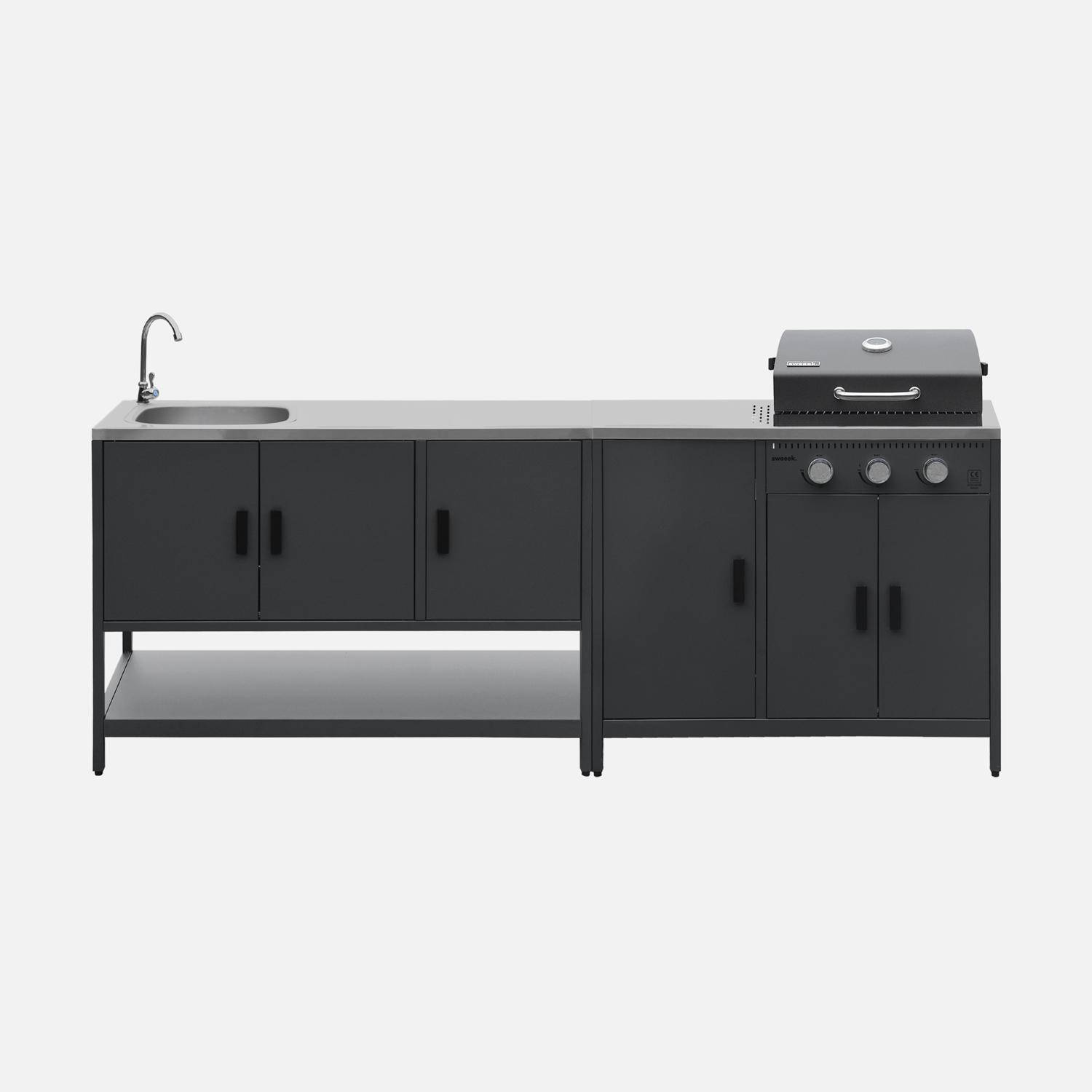 Cuisine extérieure Naxos 2 modules acier inoxydable noir barbecue gaz 3 brûleurs avec évier  Photo1